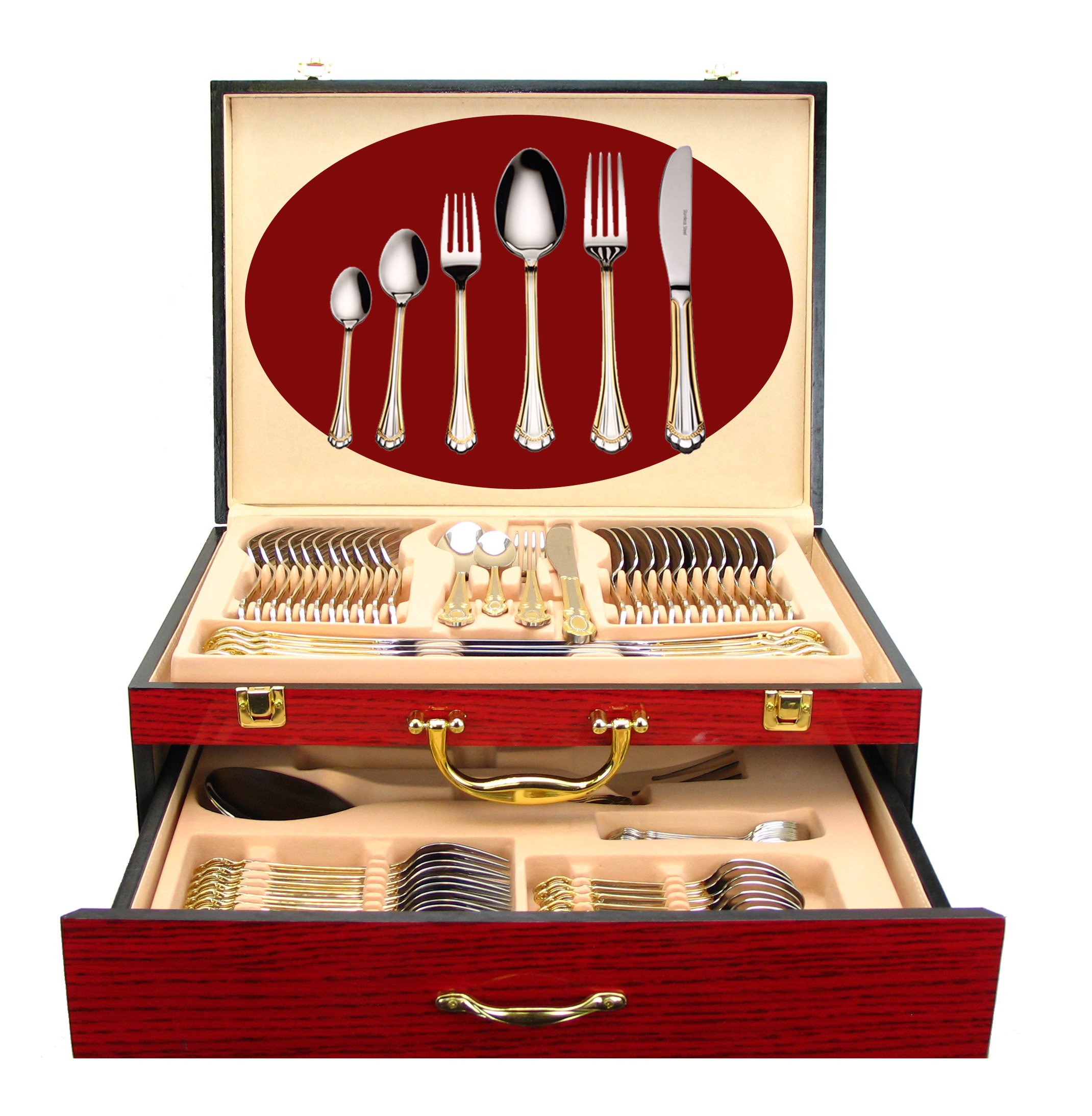 75-Piece Luxury Flatware Set for 12 with Storage Case - 24K Gold Plated Premium Dining Cutlery - 18/10 Surgical Stainless Steel Silverware - Hostess Serving Set in Elegant Chest - Perfect for Weddings, Dinner Parties & Holiday Gatherings