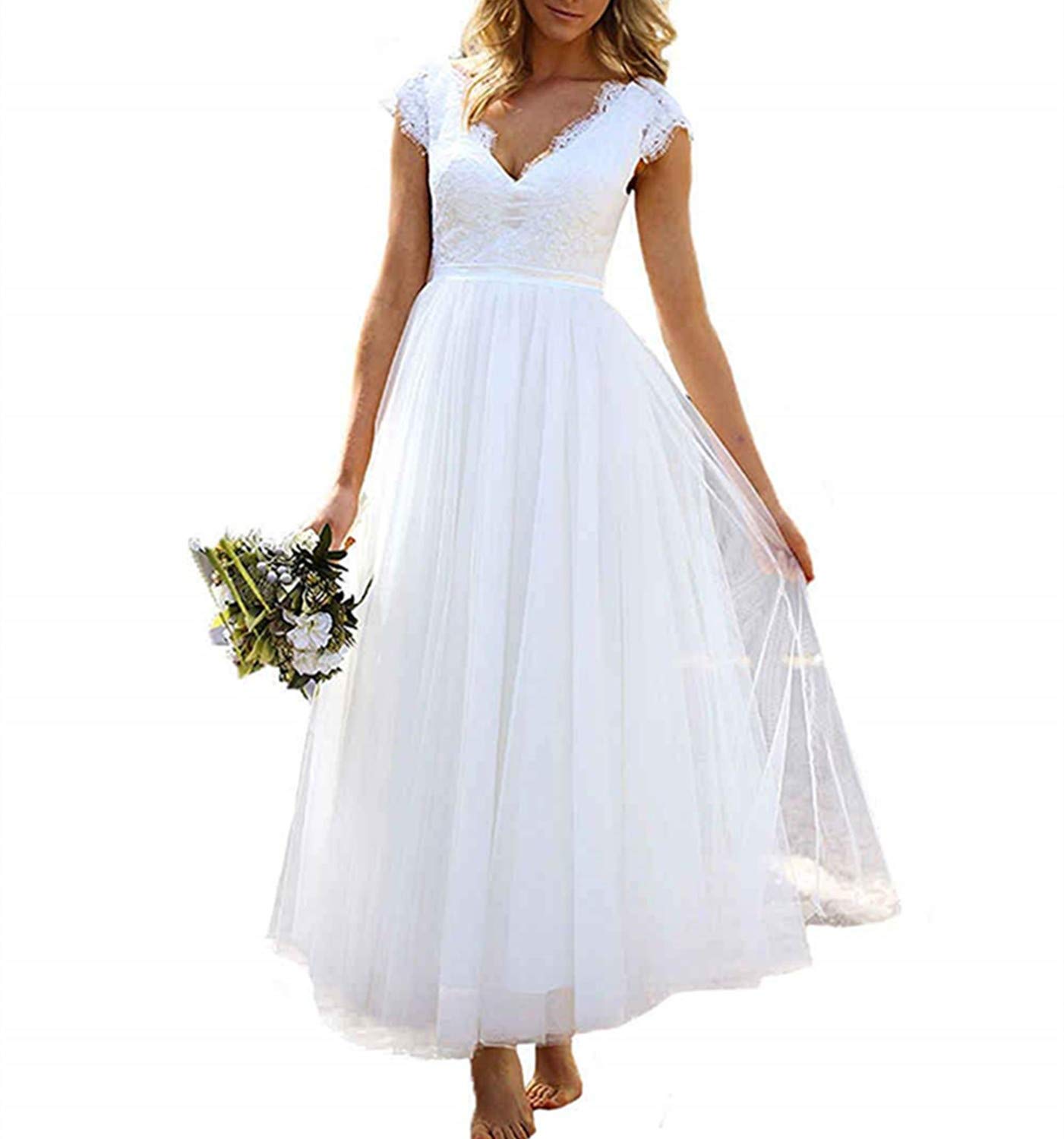 Lorderqueen Women's Cap Sleeve Lace Wedding Dress - Tea Length Bridal Gown for Bride, Church Ceremony, Garden Wedding & Beach Elopement