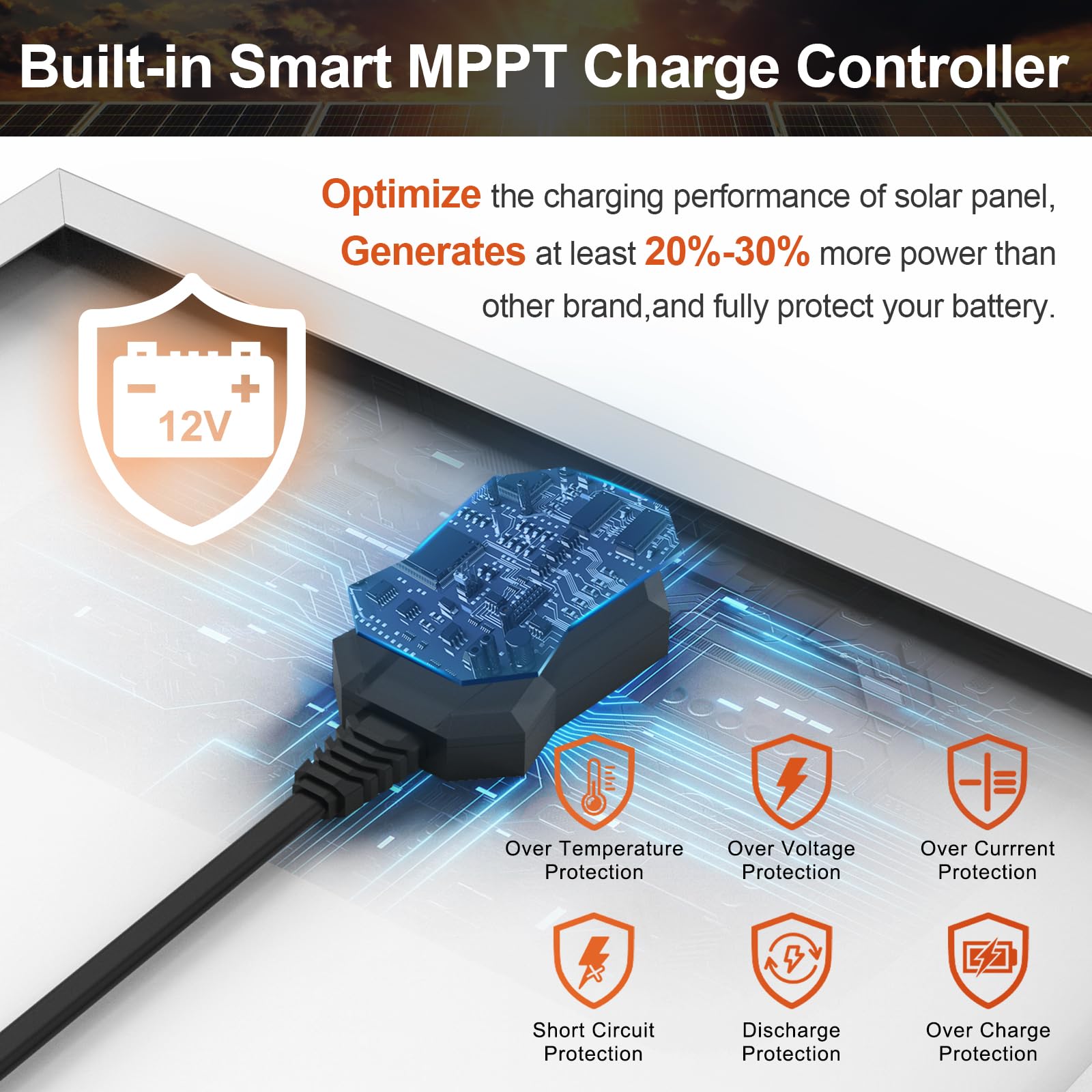 30W 12V Solar Battery Charger with MPPT Controller - Waterproof Solar Panel Kit for Car, Boat, RV, Marine & Trailer Battery Maintenance - Perfect for Outdoor, Camping & Off-Grid Power Supply