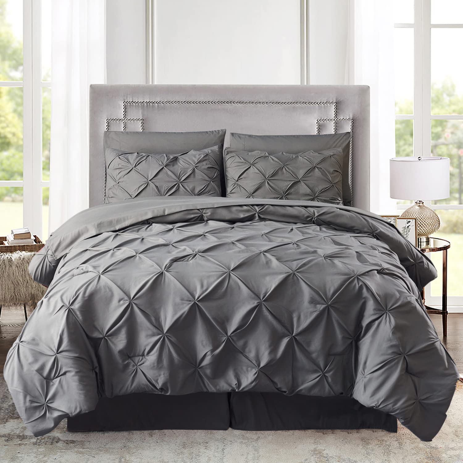 HAOK 8-Piece Pinch Pleat Bedding Comforter Set - Pintuck Microfiber 500GSM Down Alternative California King Size (Dark Grey) | Luxury Bed in a Bag for Master Bedroom & Guest Room Decor