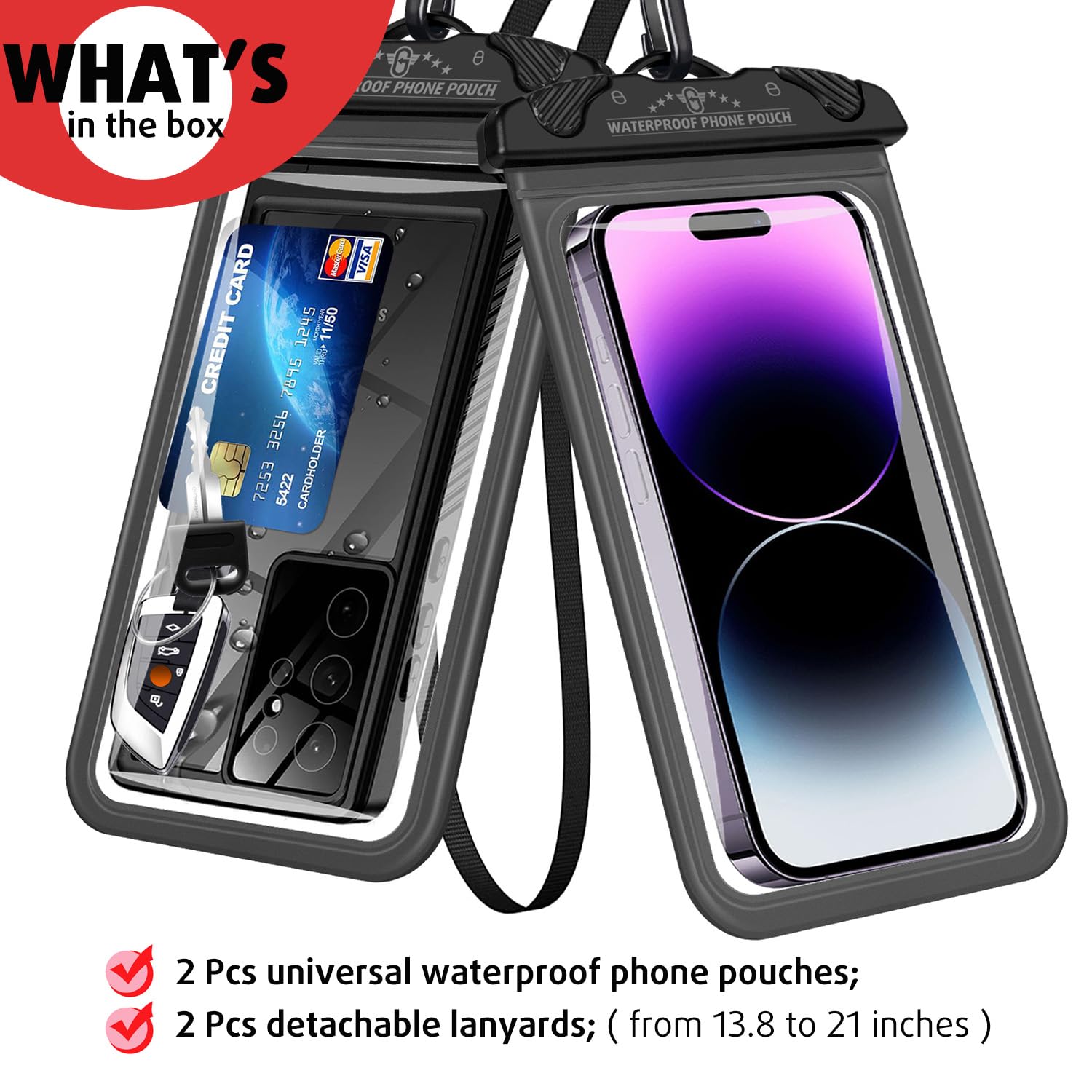 G.CATACC 2-Pack Waterproof Phone Pouch - 100% Waterproof Dry Bag Case with Lanyard for iPhone 16/15/14/13/12 Pro Max Plus & Samsung Galaxy S24/S23 Ultra - Perfect for Beach, Swimming, Cruise Ship & Vacation Essentials (Black)