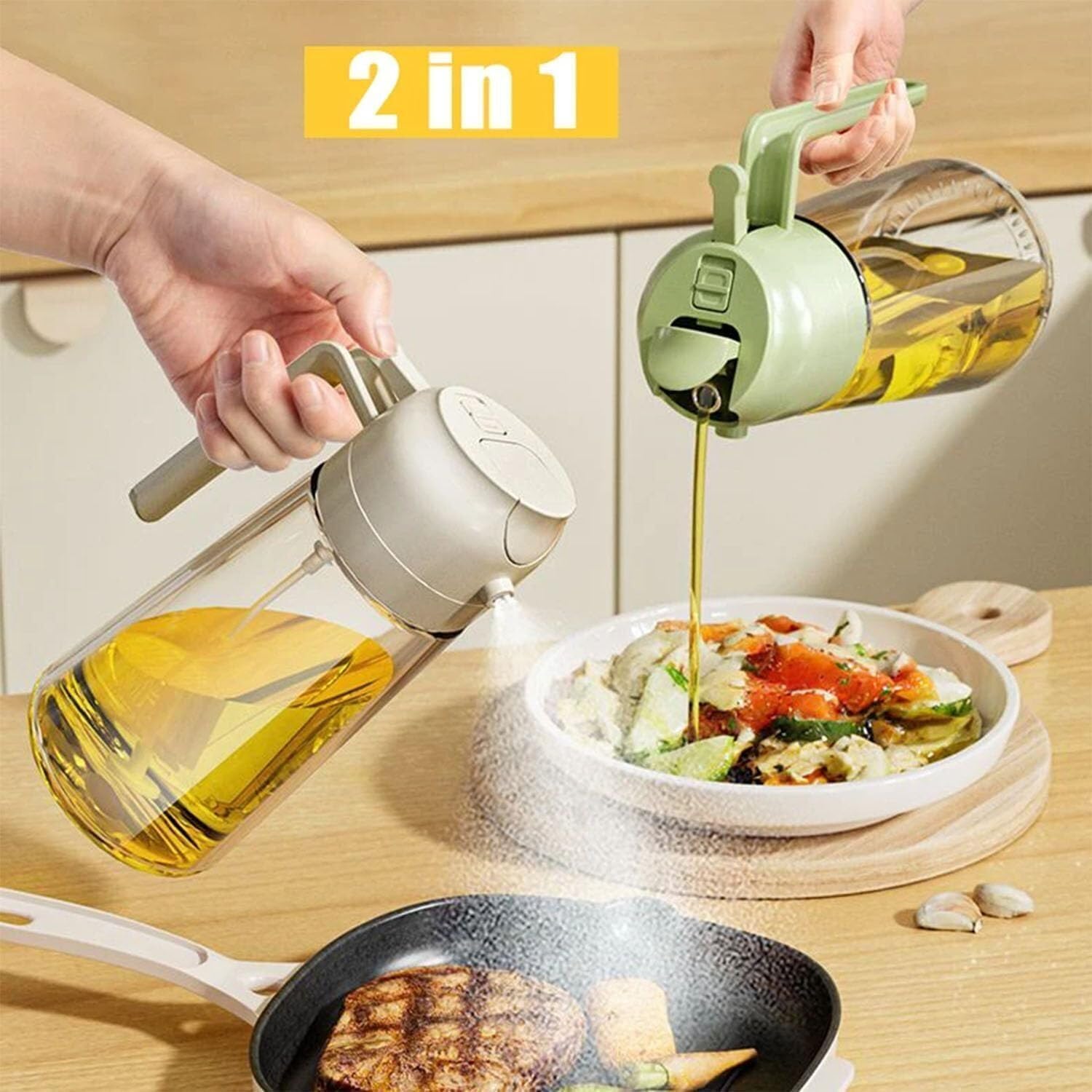 **Kitchen Maiden 2-in-1 Oil Dispenser & Sprayer - 16.5oz/470ml Light-Blocking Design - Perfect for Cooking, Air Frying, BBQ & Baking (Set of 2)**
