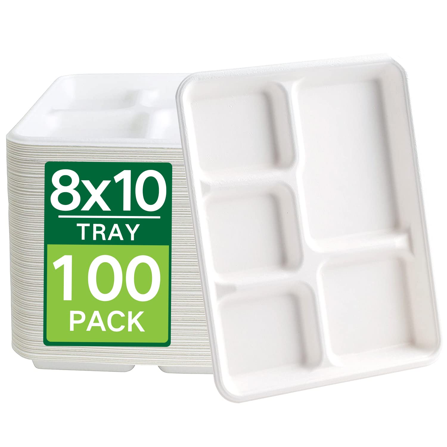 Eco-Friendly 100% Compostable 5-Compartment Disposable Plates - 100 Pack, 10 Inch Sugarcane Fiber Lunch Trays for School, Parties & Picnics | Sustainable & Biodegradable