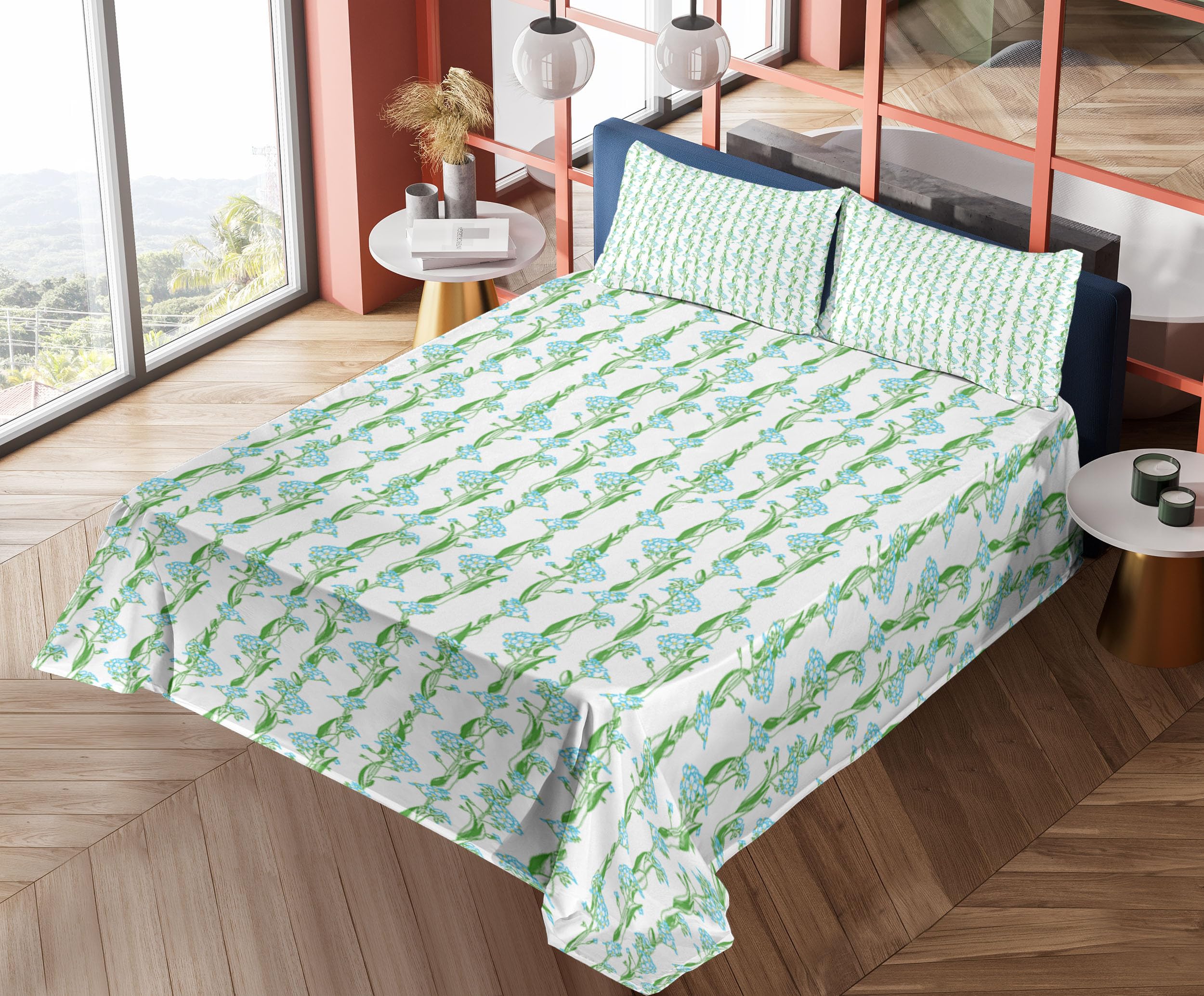 Ambesonne Floral King Size 4-Piece Sheet Set - Vertical Flower Strips with Intertwined Leaves, Fern Green & Sky Blue - Fitted Sheet, Flat Sheet & 2 Pillowcases - Soft Bedding for Master Bedroom, Guest Room & Vacation Homes