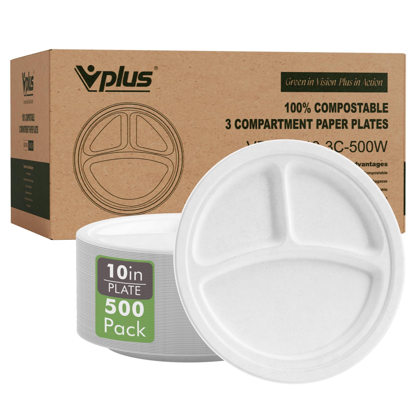 Vplus 100% Compostable 10 Inch 3-Compartment Paper Plates - 500 Pack Heavy Duty Disposable Plates Made from Sugarcane Fiber for Eco-Friendly Daily Meals, Dinner Parties, BBQs & Outdoor Picnics - Perfect for Family Gatherings, Catering Events & Sustainable Living
