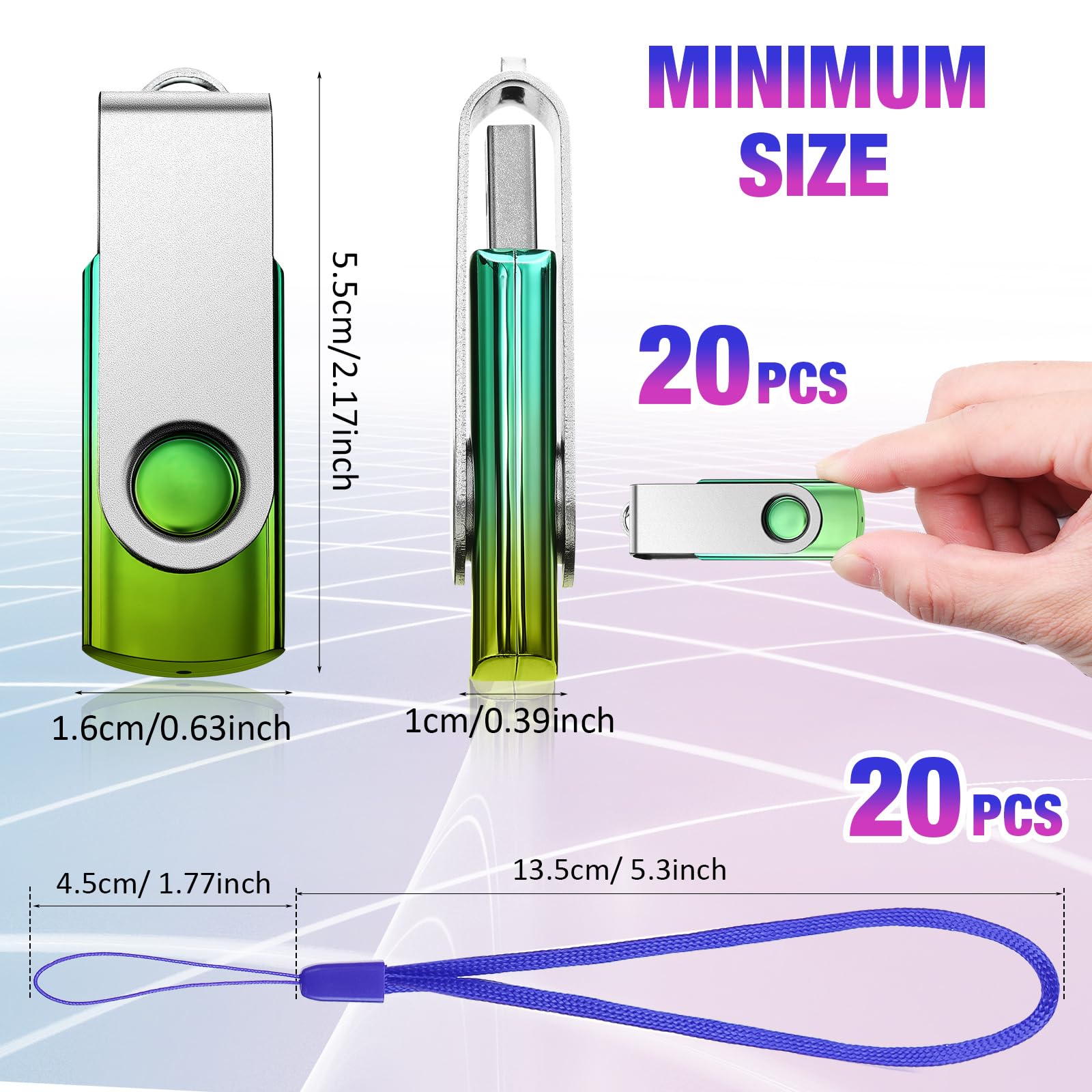Aoriher 20 Pack 2GB USB Flash Drives - Gradient Colors with Lanyards for Data Storage & File Sharing - Office & School Use