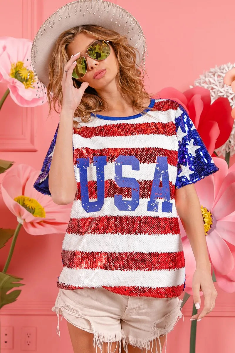 BiBi American Flag Sequin Top with USA Lettering - Patriotic Party Outfit for 4th of July, Independence Day & National Celebrations