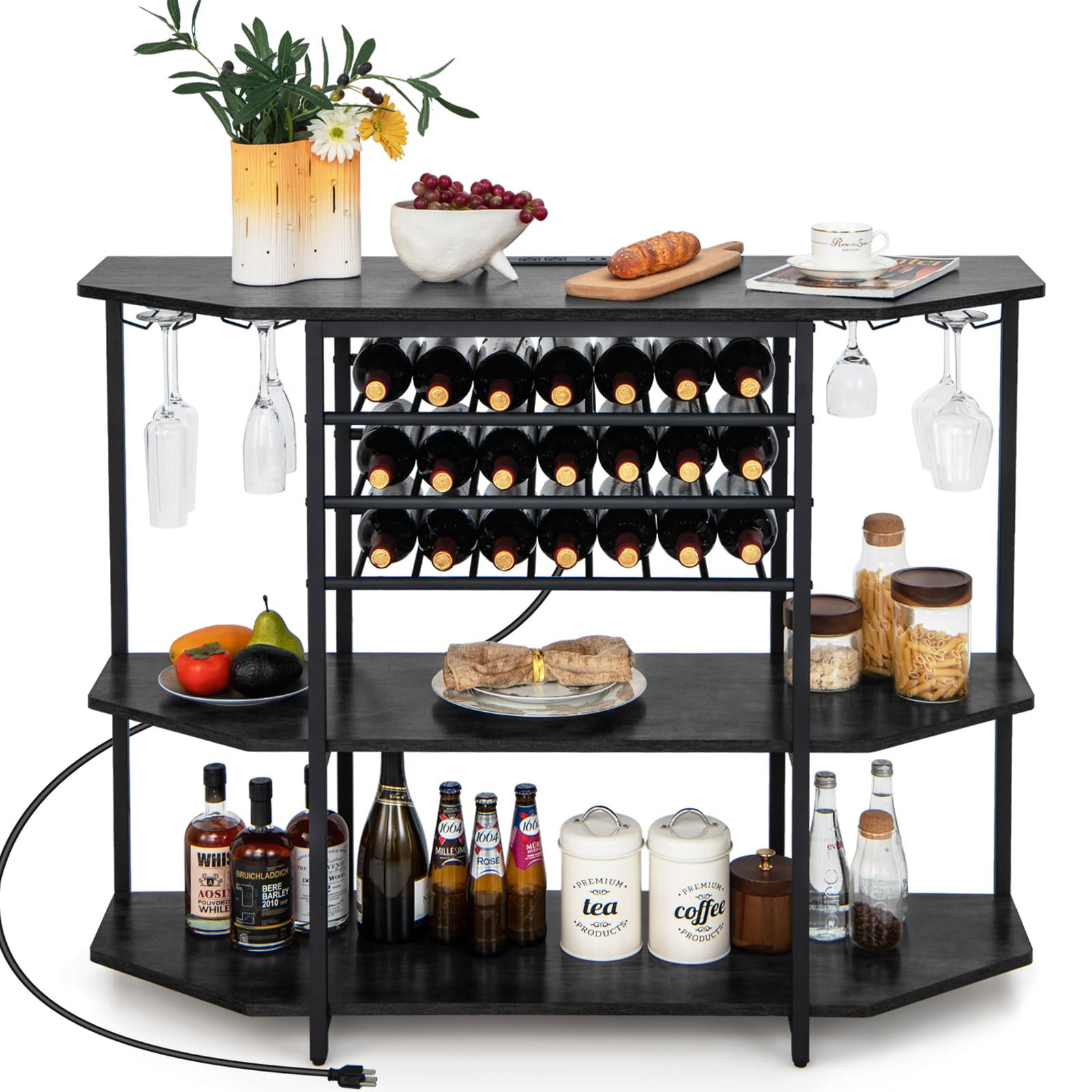 COSTWAY 3-Tier Wine Bar Cabinet with Power Outlets & Storage - Rustic Grey Freestanding Liquor Cabinet with Wine Racks, Glass Holders - Perfect for Kitchen, Dining Room, Home Bar or Entertainment Area