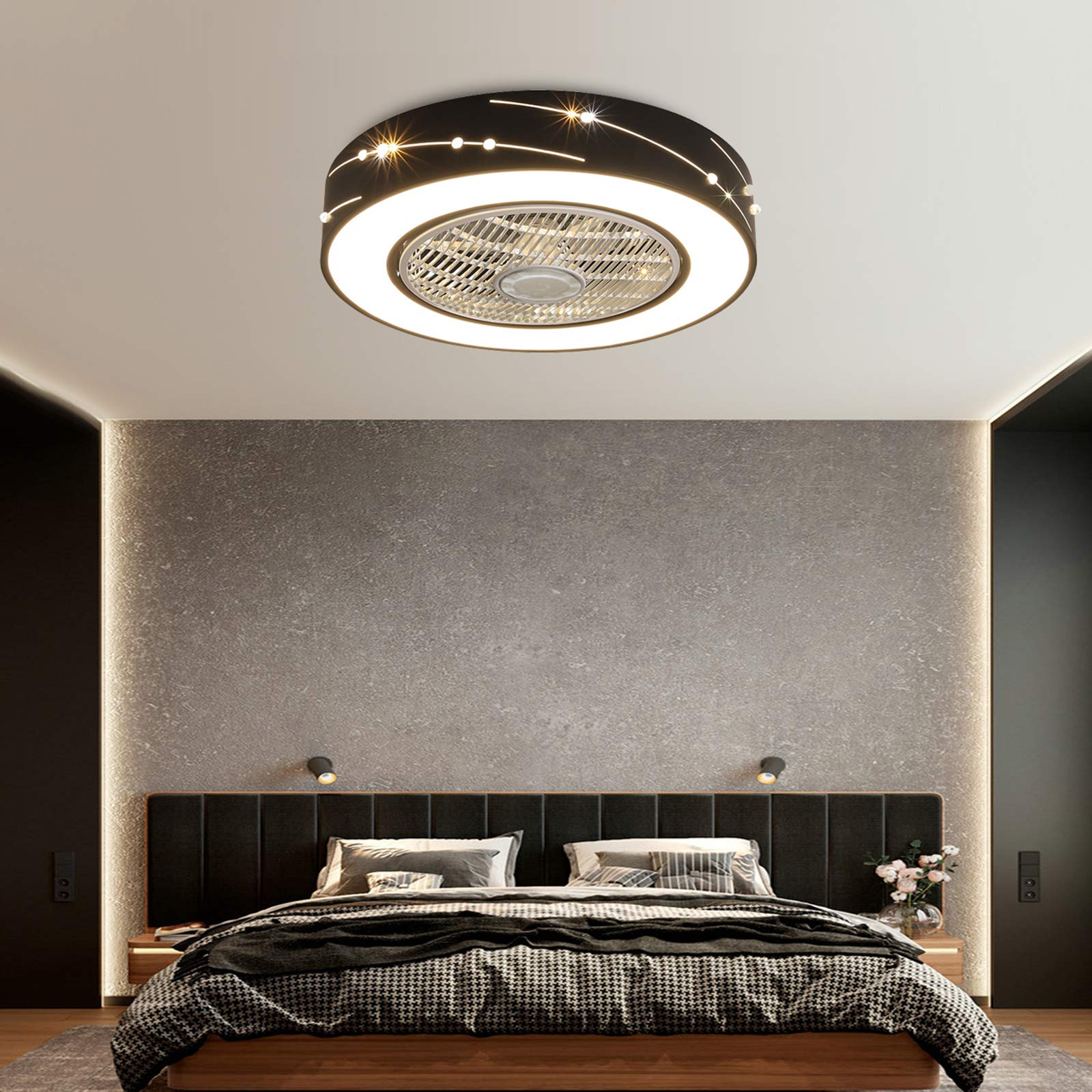 Modern 22 Inch LED Ceiling Fan with Remote Control - Dimmable Flush Mount Low Profile Electric Fan with 7 Invisible Blades - Ultra Quiet for Bedroom, Living Room & Office - Perfect for Home Cooling and Stylish Lighting (Black)