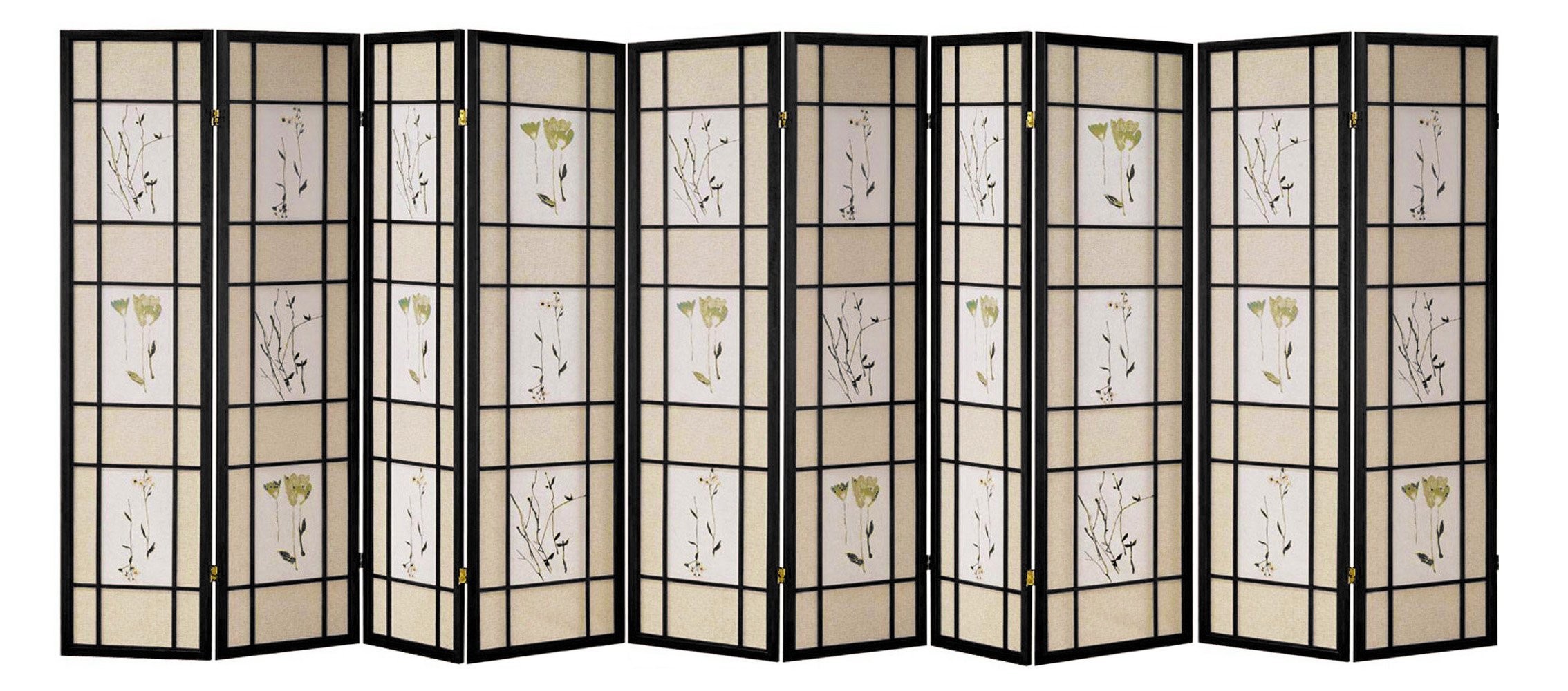 Black 10-Panel HONGVILLE Shoji Floral Prints Wood Framed Room Divider - Japanese Style Privacy Screen for Home, Office & Meditation Spaces