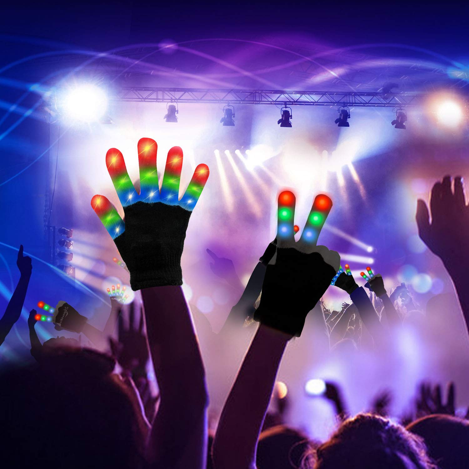 LED Gloves for Kids - 3 Color & 6 Mode Flashing Light Up Gloves - Christmas Halloween Party Toys - Perfect for Night Parties, Raves, Concerts and Festivals