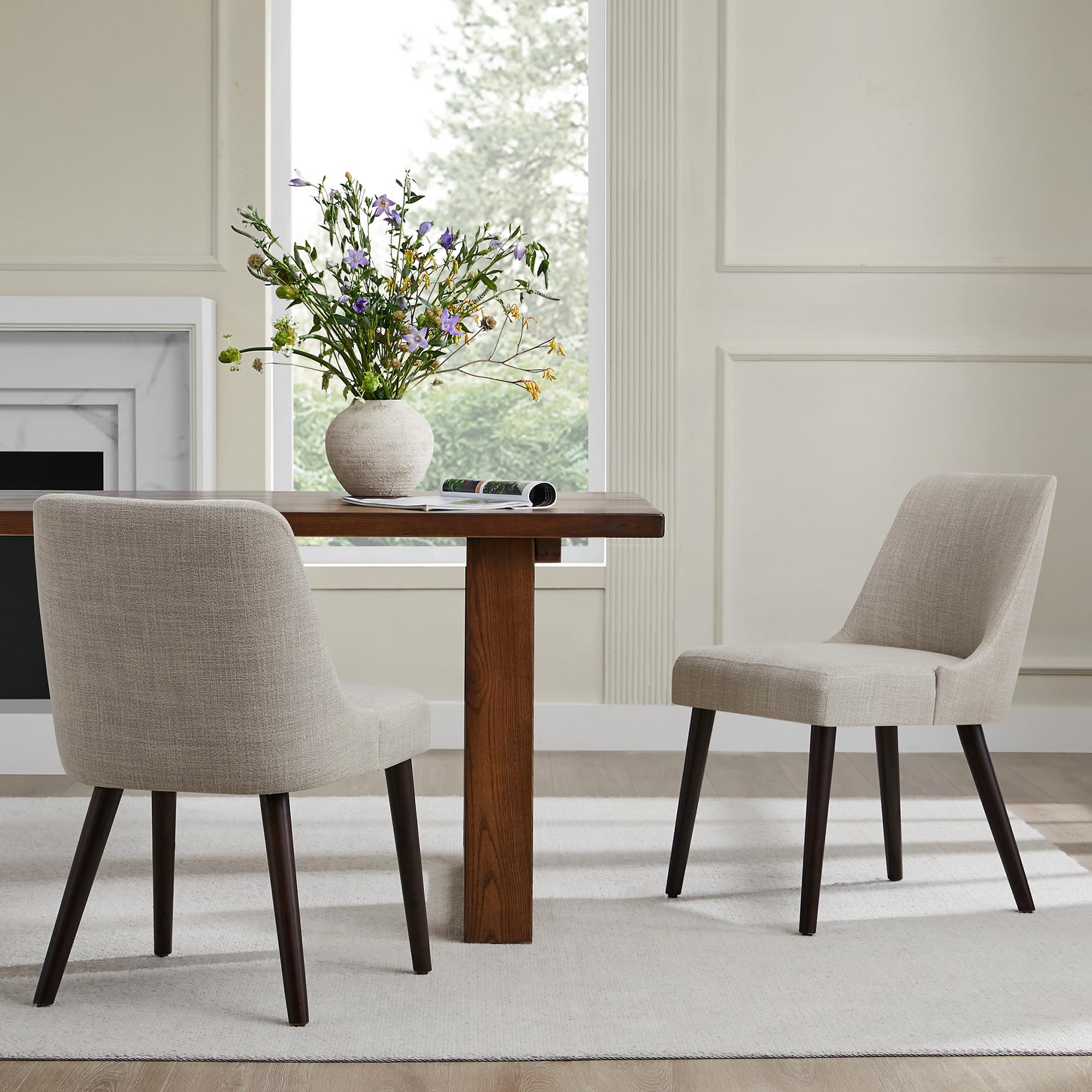 Mid-Century Modern Dining Chairs Set of 2 - Upholstered Fabric Accent Chairs for Dining Room in Flax Beige - Perfect for Kitchen, Breakfast Nook & Small Space Dining Areas
