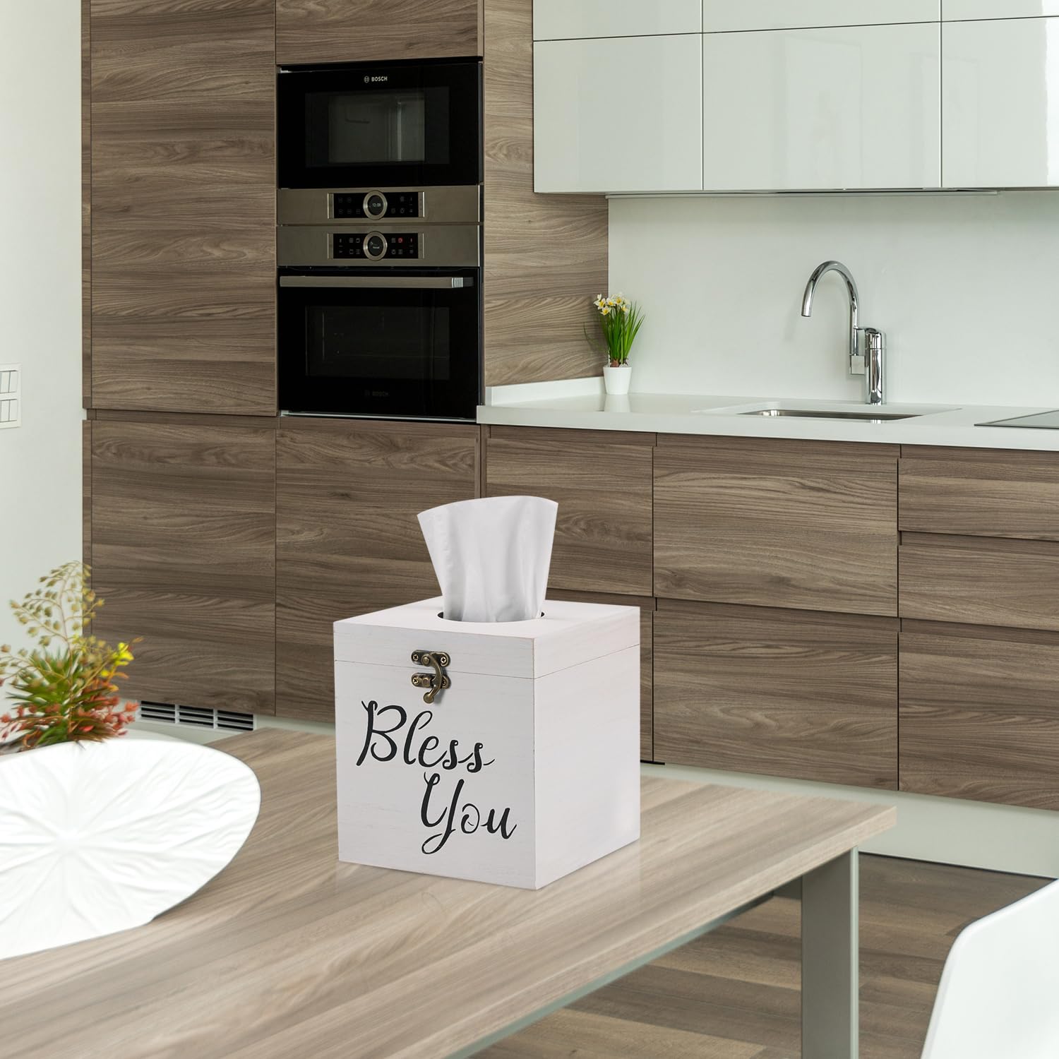Bless You Tissue Box Cover - Wooden Square Farmhouse Style Toilet Paper Holder (Classic White) | Decorative Bathroom & Living Room Tissue Box Organizer