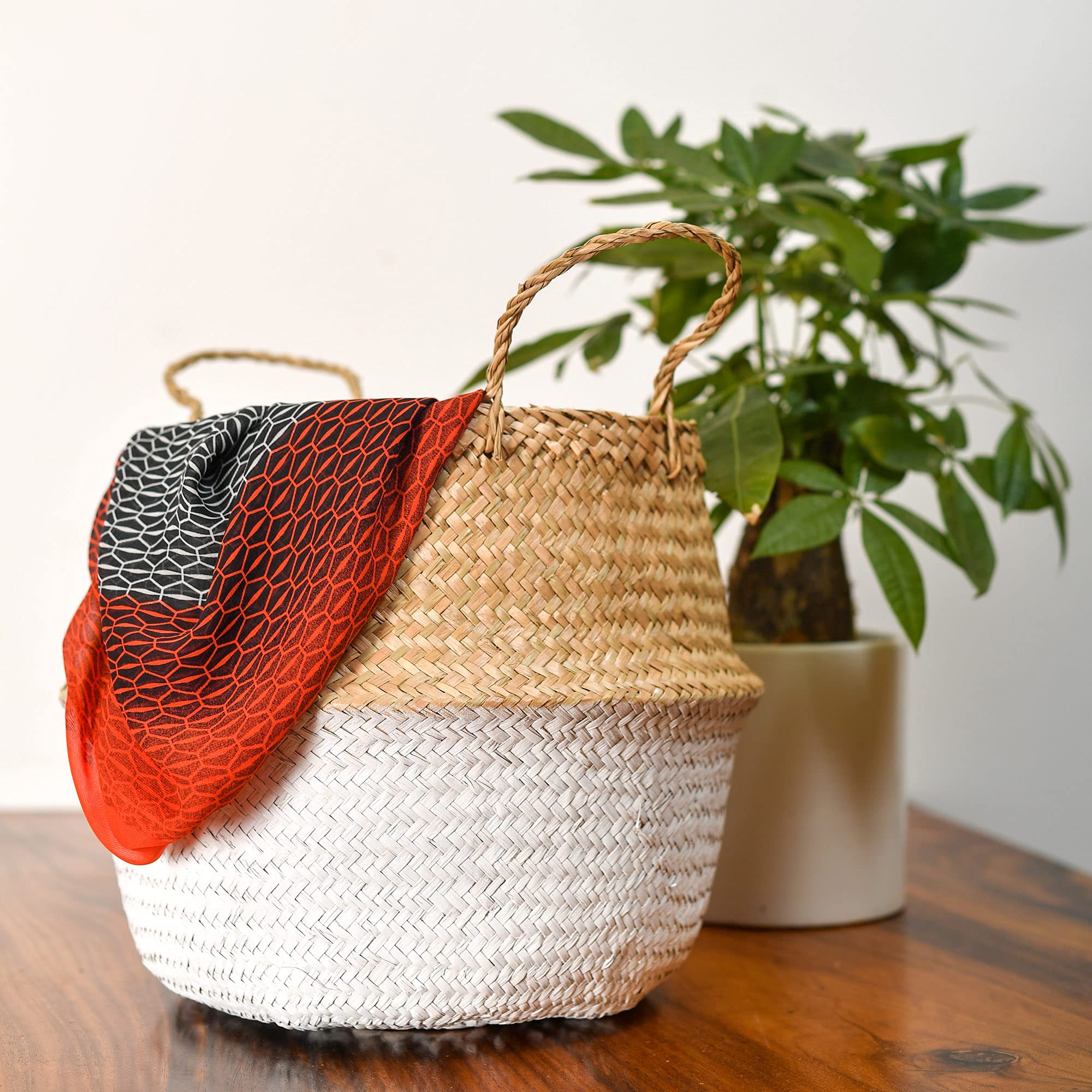 Foldable Seagrass Storage Basket with Handles - Small White Woven Laundry Hamper, Nursery Organizer, Beach Tote & Plant Pot Cover for Home Decor, Bathroom, Bedroom & Outdoor Use