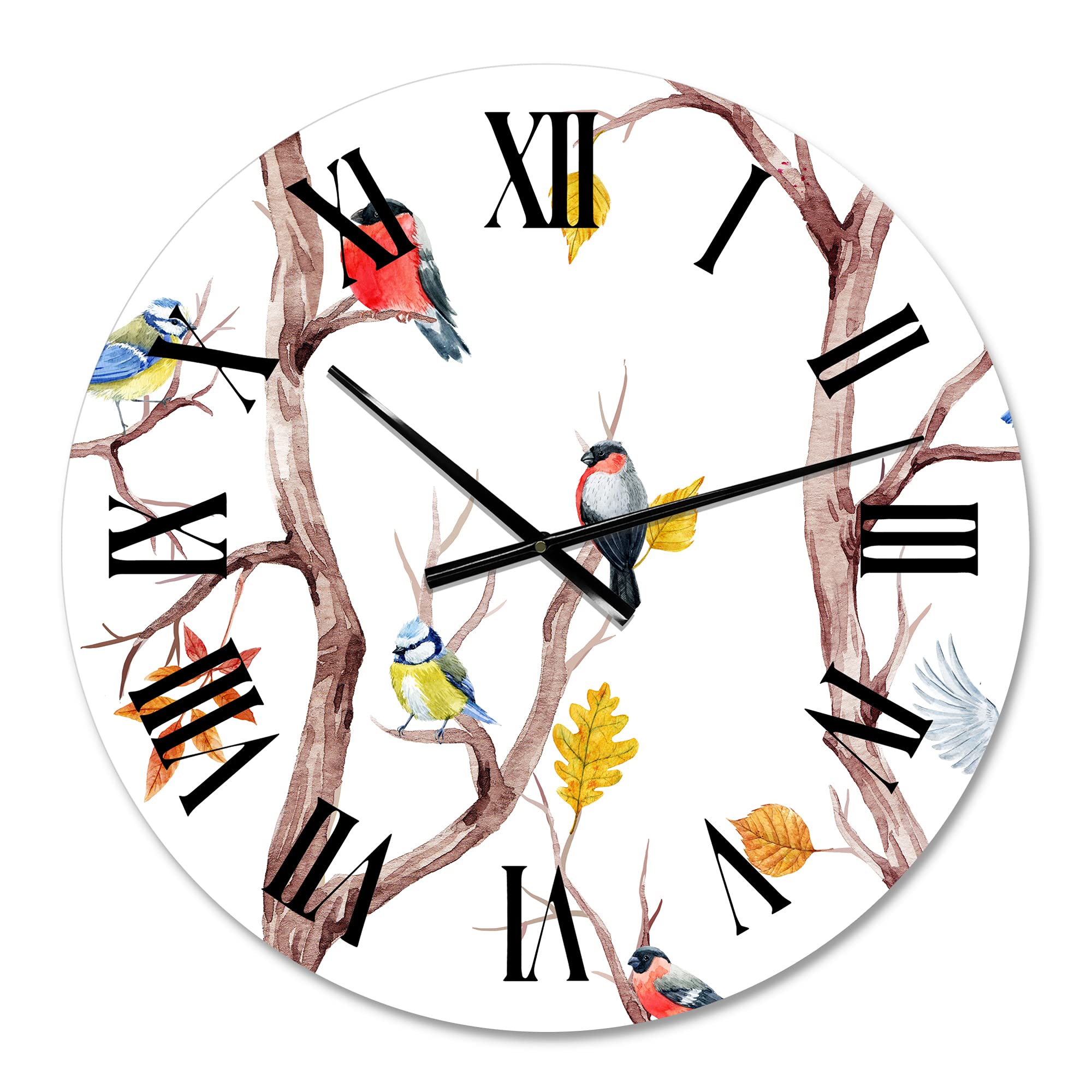 DesignQ Traditional Wall Clock - Fall Trees & Little Birds Decor - Large Silent Non-Ticking Wall Clock for Home, Office, Living Room & Bedroom - Perfect Rustic Farmhouse Decor & Gift Idea