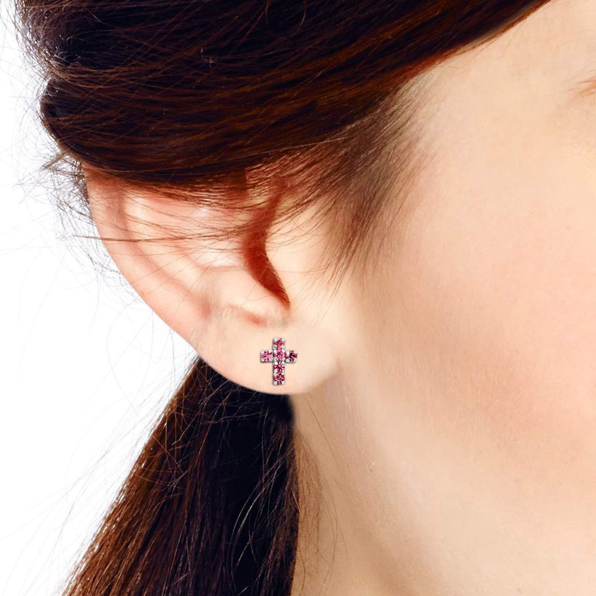 Aeravida Cute Petite Cross Sweet Pink CZ .925 Sterling Silver Mini Stud Earrings for Women | Dainty Religious Jewelry Gift for Her | Perfect for Everyday Wear, Church, Baptism & Special Occasions