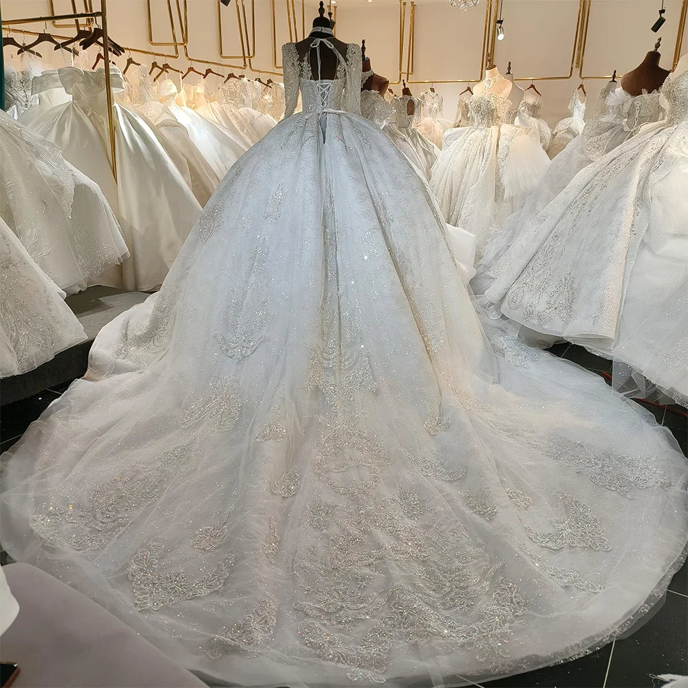 Vintage Glitter Long Sleeve Pleated Ball Gown Backless Wedding Dress - Elegant Evening Gown for Prom, Bridal Party & Formal Events