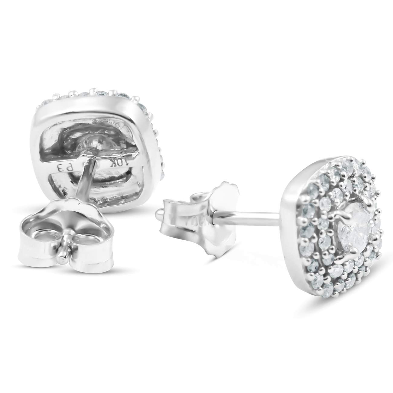 1/2 Ct TDW Genuine Diamond Cushion Halo Stud Earrings in 10k White Gold (1/3 Inch) - Perfect for Weddings, Anniversaries & Special Occasions