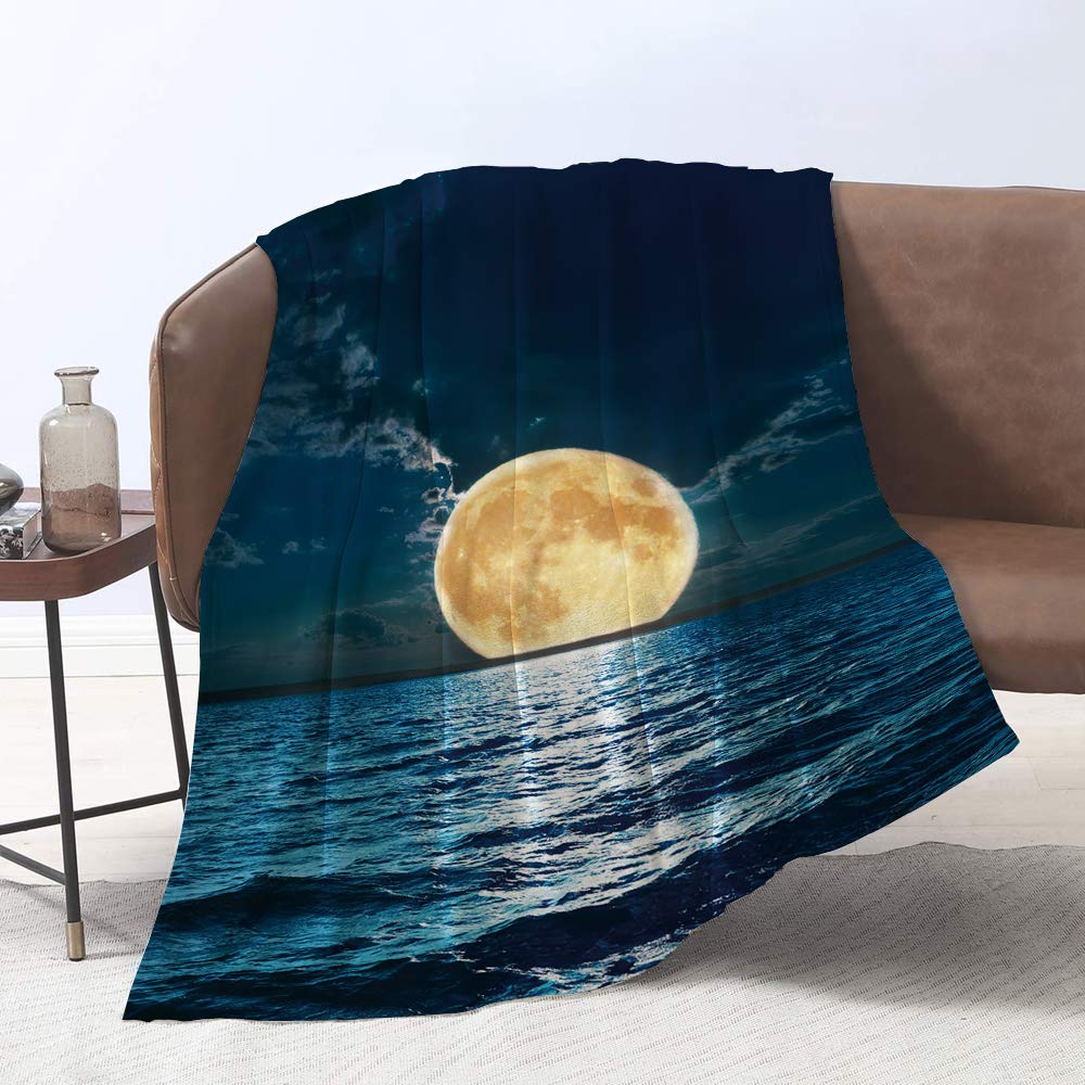 Yunine Full Moon Blanket - Ultra Soft 50x80 Inch Midnight Ocean Moon Throw Blanket for Bed, Couch & Travel - Perfect for Adults, Kids, Camping & Home Decor