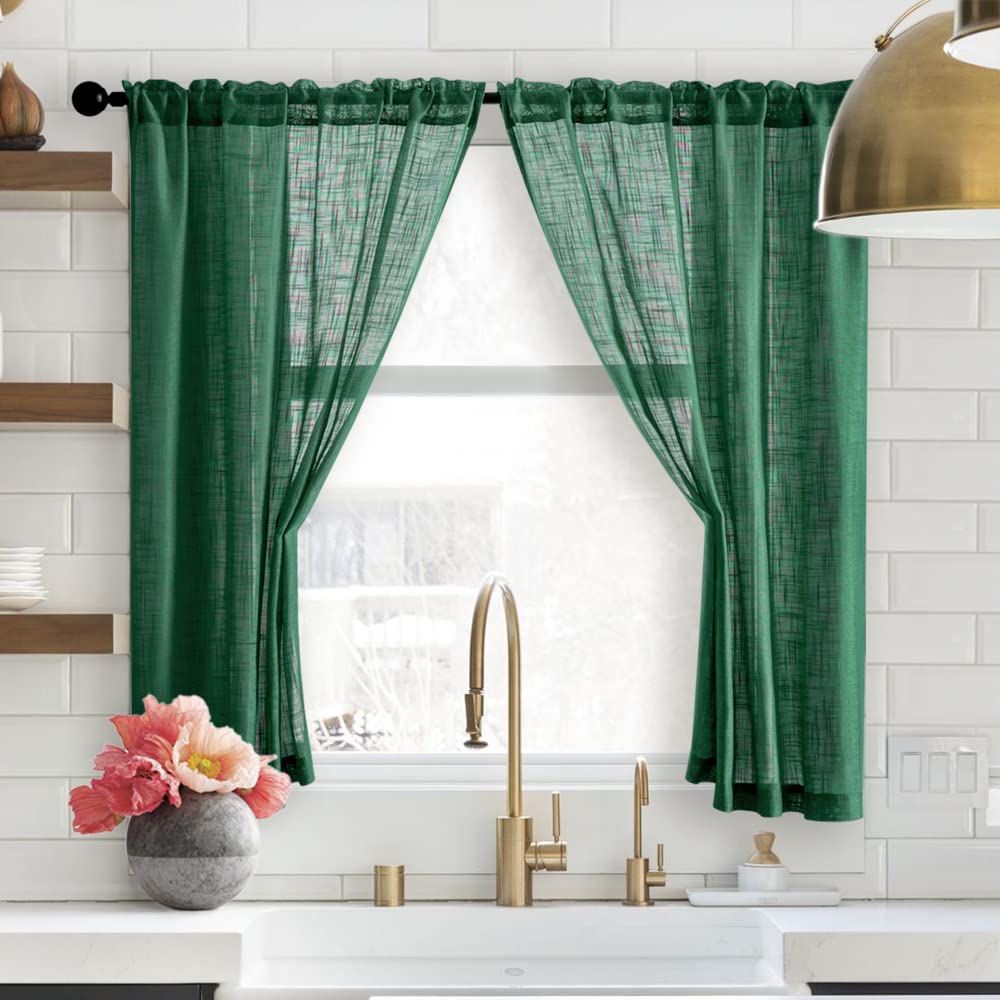 SHINELAND Faux Linen Semi Sheer Kitchen Curtains - Set of 2 Panels (48 Inch Length) - Dark Emerald Green Short Window Treatment for Bathroom & Kitchen Decor | Perfect for Small Windows, Cafe Style & Farmhouse Decor