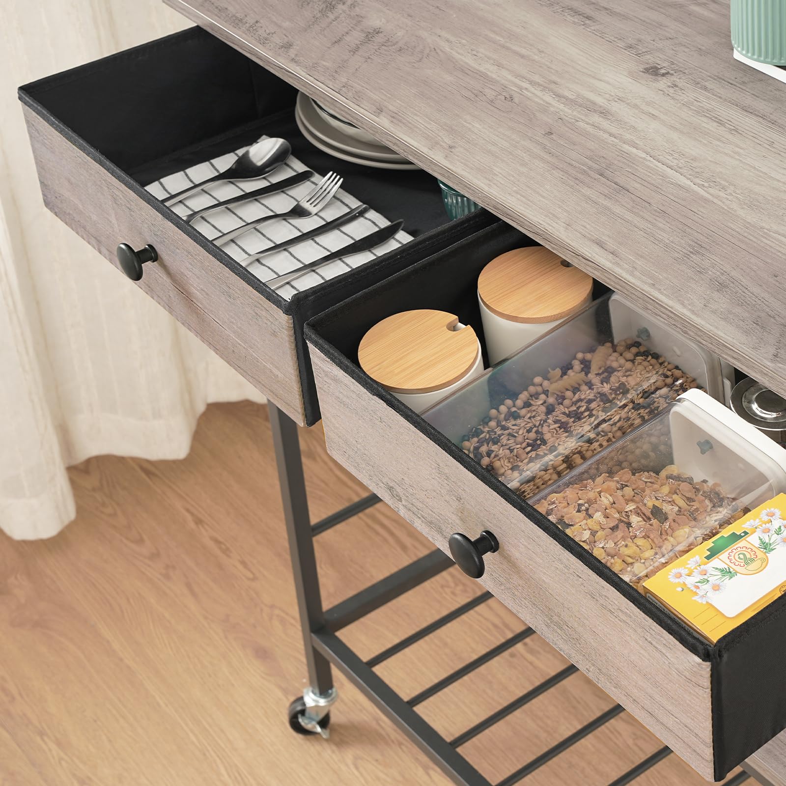 HOOBRO 3-Tier Kitchen Island Cart with Storage, 2 Drawers & Power Outlet - Mobile Coffee Station, Microwave Stand & Work Table for Small Spaces - Greige & Black (BG08UZD01) - Perfect for Apartments, Dorms & Compact Kitchens