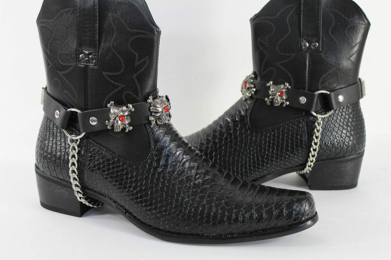 Men's Western Boot Bracelet - Silver Chain & Black Leather Strap with Pirate Skull Design - Chunky Statement Bangle Jewelry for Cowboy, Biker & Rock Fashion Accessories