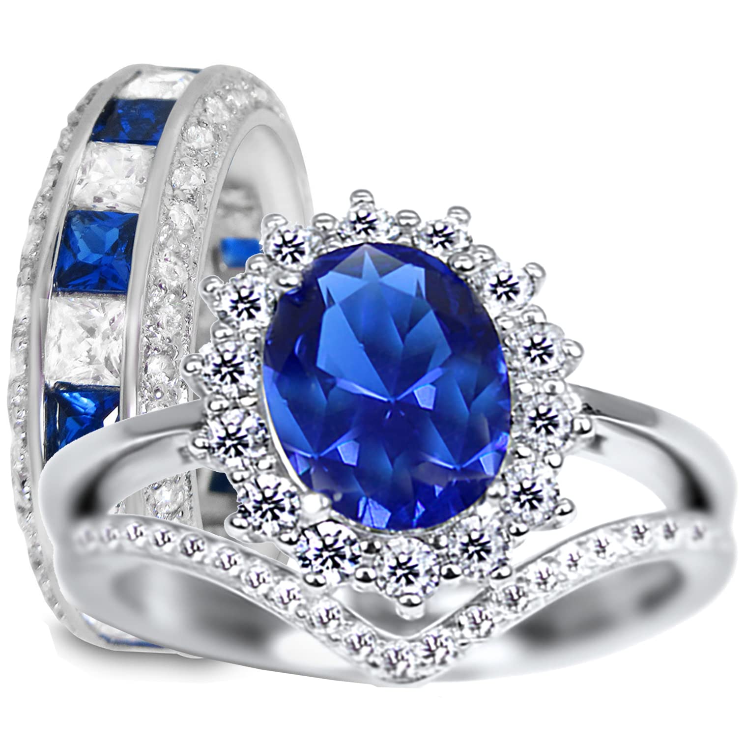 Sterling Silver Blue Simulated Sapphire Couple Rings Set - His & Her Matching Wedding Bands, Engagement Ring | Perfect for Anniversaries, Proposals, and Romantic Gift Giving