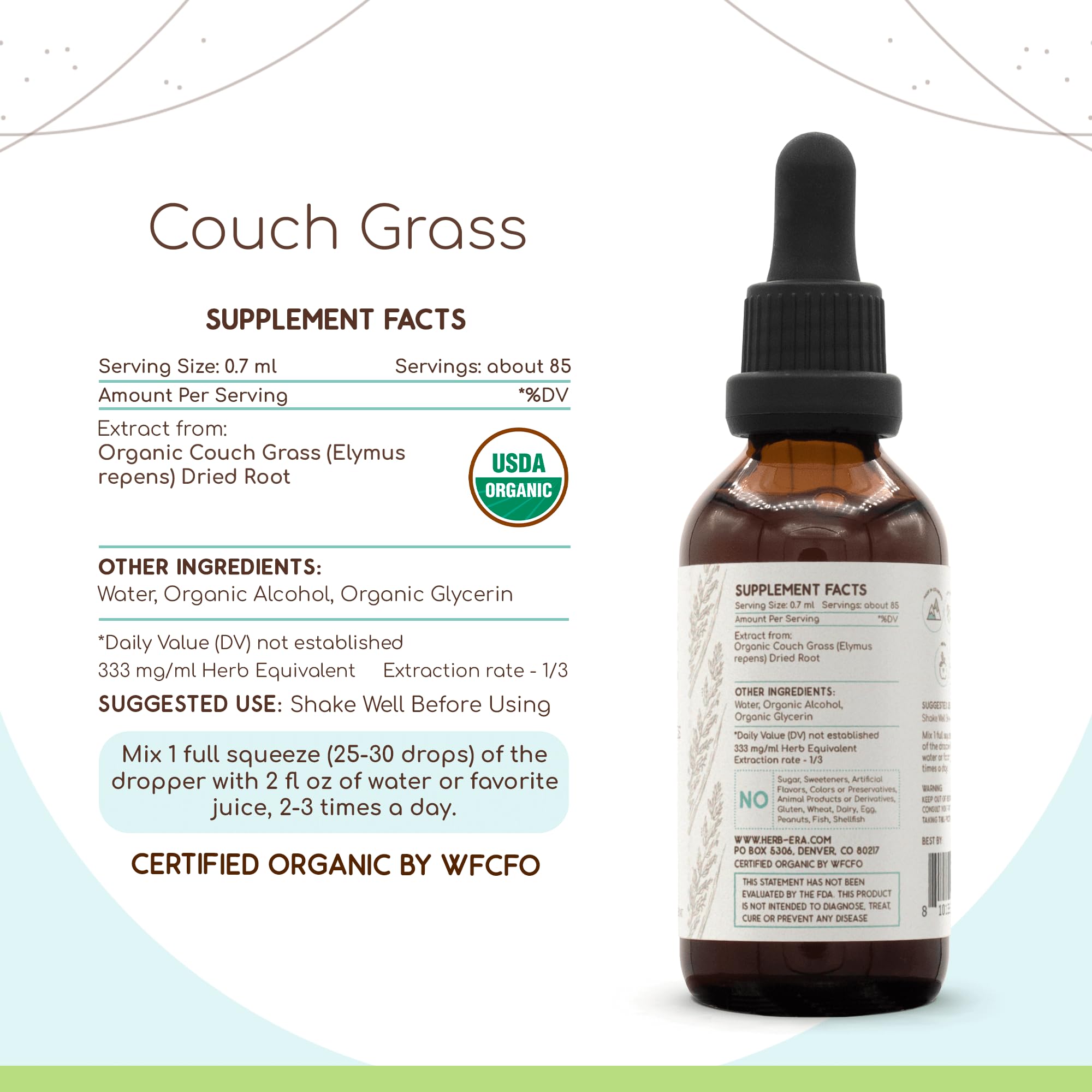 Organic Couch Grass (Elymus Repens) Alcohol Herbal Extract Tincture - Super-Concentrated USDA Certified, 2 fl oz - Supports Urinary Tract & Kidney Health, Natural Detox Supplement for Wellness Routine