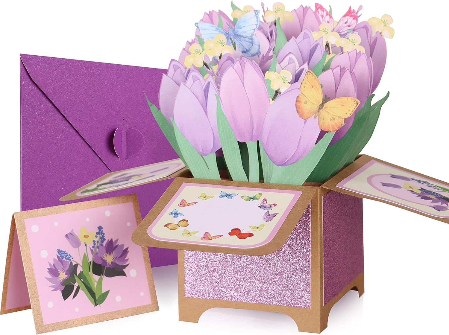 Giiffu 3D Pop Up Greeting Card - Mother's Day Purple Tulips Bouquet Birthday Card with Note & Envelope | Floral Greeting Cards for Women, Anniversary, Valentine's Day, Get Well Soon | Perfect for Gifts, Home Decor, and Special Occasions