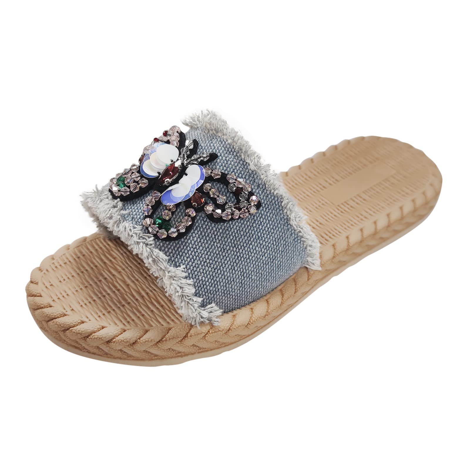 Women's Denim & Linen Beach Sandals with Sequins - Flat Heel, Cross Strap Fashion Summer Sandals for Women - White & Blue Dress Sandals (Size 7.5) | Perfect for Vacations, Weddings & Casual Outings
