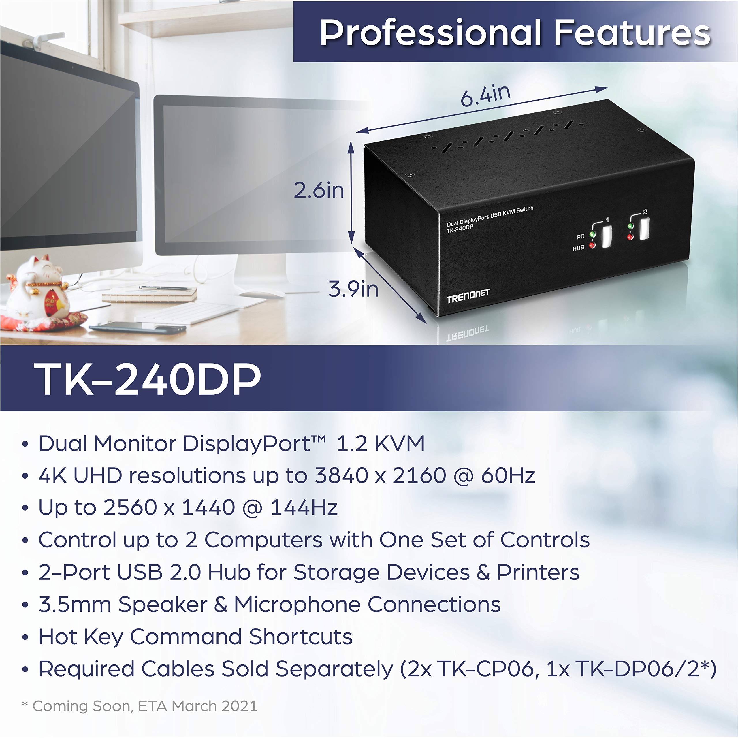 TRENDnet 2-Port Dual Monitor DisplayPort KVM Switch with Audio & USB 2.0 Hub | 4K UHD 3840x2160 Resolution | TK-240DP (Renewed) | Perfect for Home Office & Multi-Computer Workstations