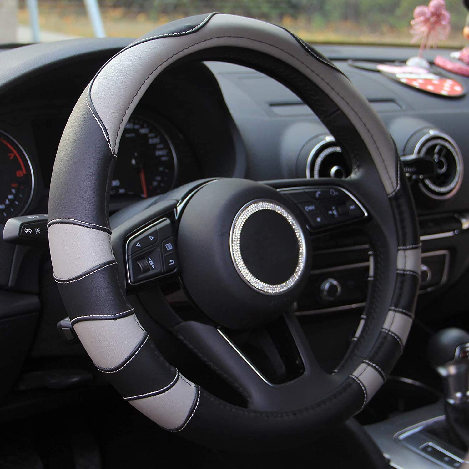 Premium 15 Inch Non-Slip Leather Steering Wheel Cover - Universal Fit for Cars, Trucks & SUVs - Black/Gray Design for Women - Perfect for Commuting, Road Trips & Winter Driving Comfort