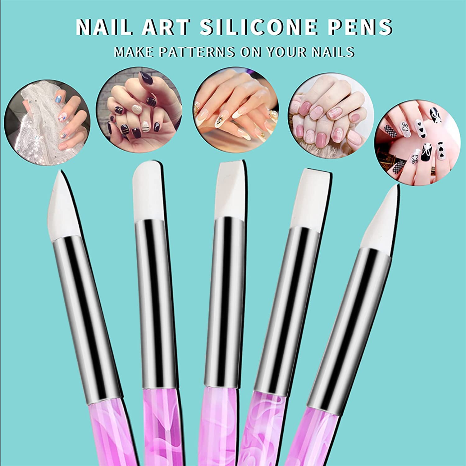 BQAN 5Pcs Professional Nail Art Silicone Pens - Acrylic Handle Gel Nail Carving & Drawing Brushes Set for DIY Manicure, Nail Extension & Salon Art Design