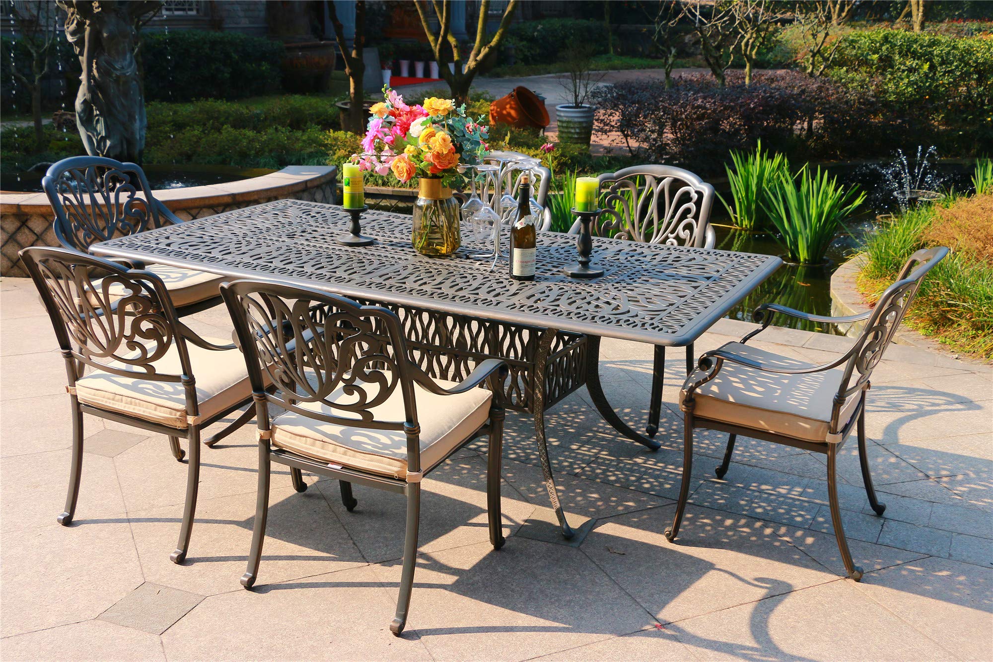Athens Outdoor 7-Piece Aluminum Rectangular Dining Set - All-Weather Rust-Proof Patio Furniture with Cushioned Arm Chairs & Table (Beige) | Perfect for Backyard BBQs, Garden Parties & Outdoor Entertaining
