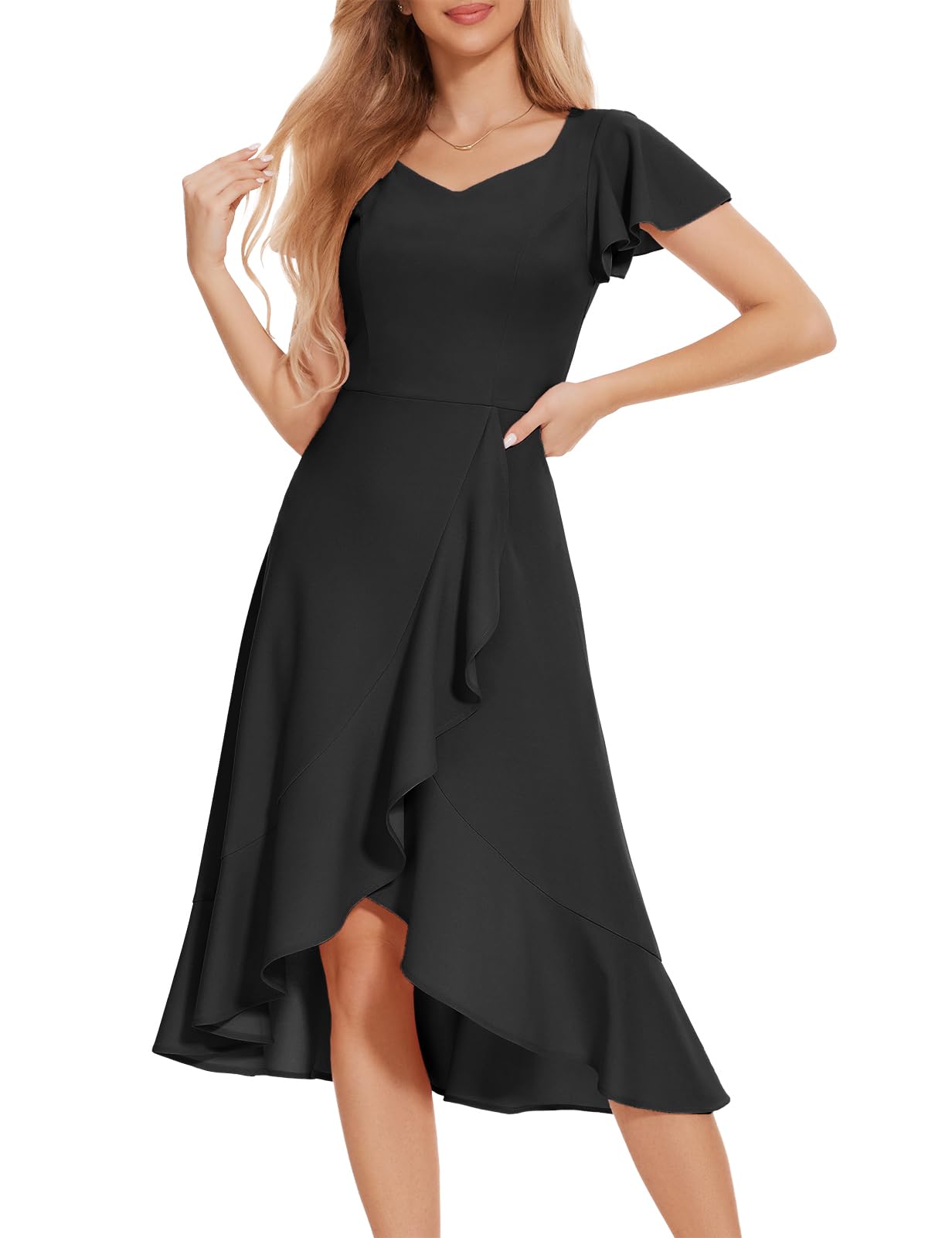 Elegant V-Neck Ruffle Sleeve Formal Dress for Women | Wedding Guest, Evening Party & Cocktail Graduation Dress | 2025 Trendy Women's Fashion for Special Occasions