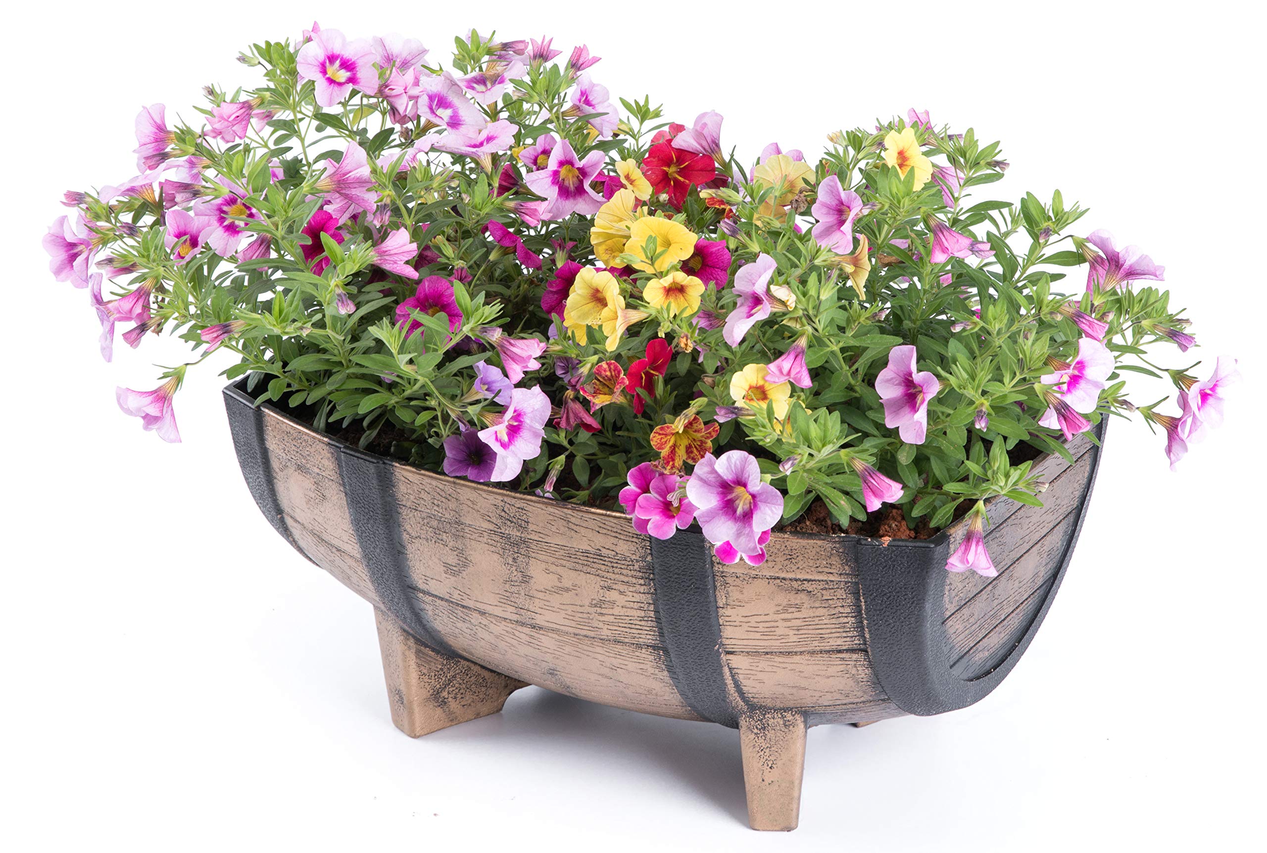Set of 2 Rustic Wood-Look Plastic Half Barrel Planters - Outdoor Garden Flower Pots for Patio, Deck, and Backyard Decor