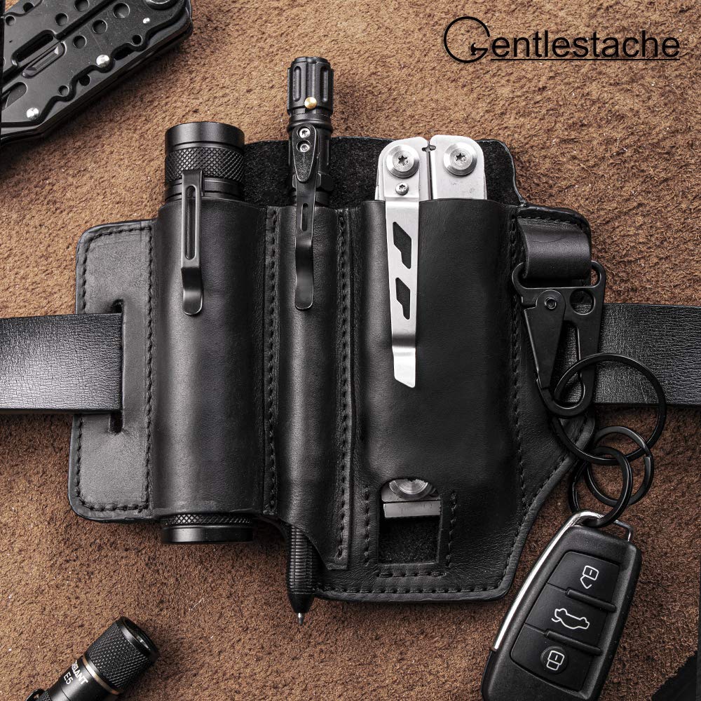 Premium Leather Multitool Sheath for Belt - Leatherman Sheath for Men with Pen Holder, Key Fob & Flashlight Sheath - Durable EDC Pocket Organizer (Black) - Perfect for Camping, Hiking & Everyday Carry