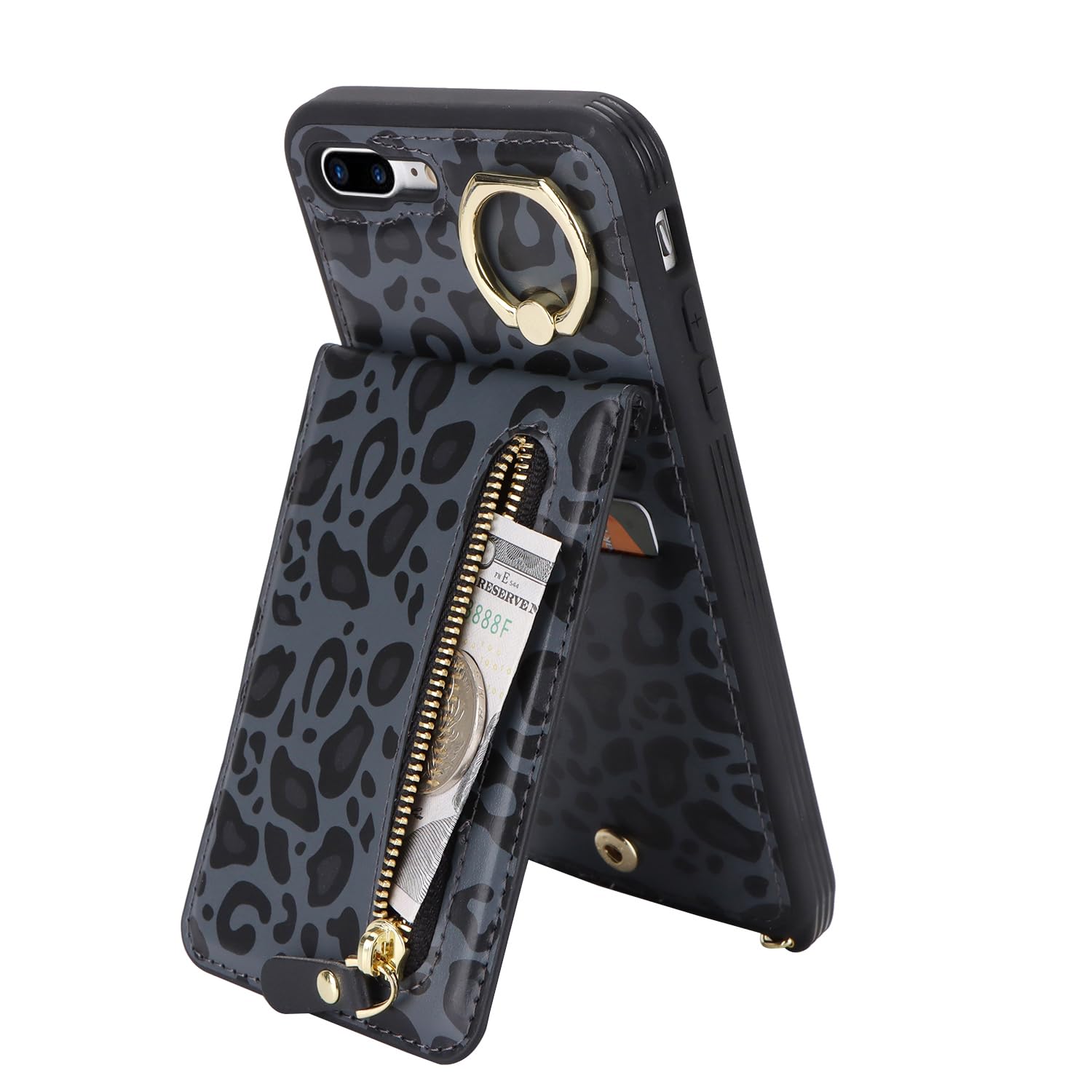 iPhone 7 Plus/8 Plus Wallet Case with Card Holder, Wrist Strap & Ring Stand - Crossbody Phone Purse for Women | Black Leopard Print | Perfect for Travel, Shopping & Everyday Use
