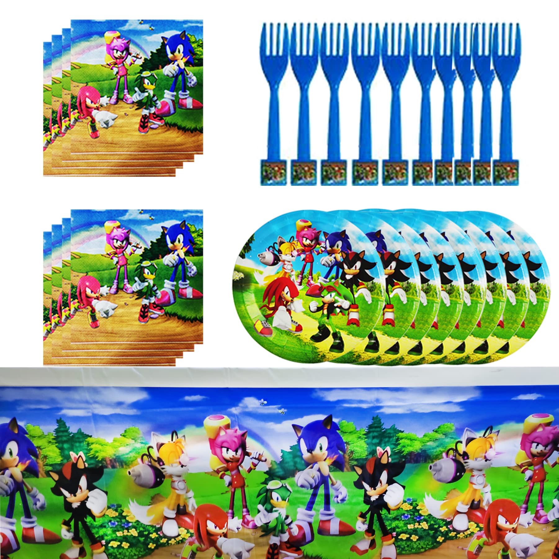 Sonic Themed Party Supplies Set - 10 Paper Plates, 10 Forks, 20 Napkins & 1 Table Cover - Kids Birthday Party, Baby Shower, Game Theme Celebration - Perfect for Dessert Tables & Themed Events