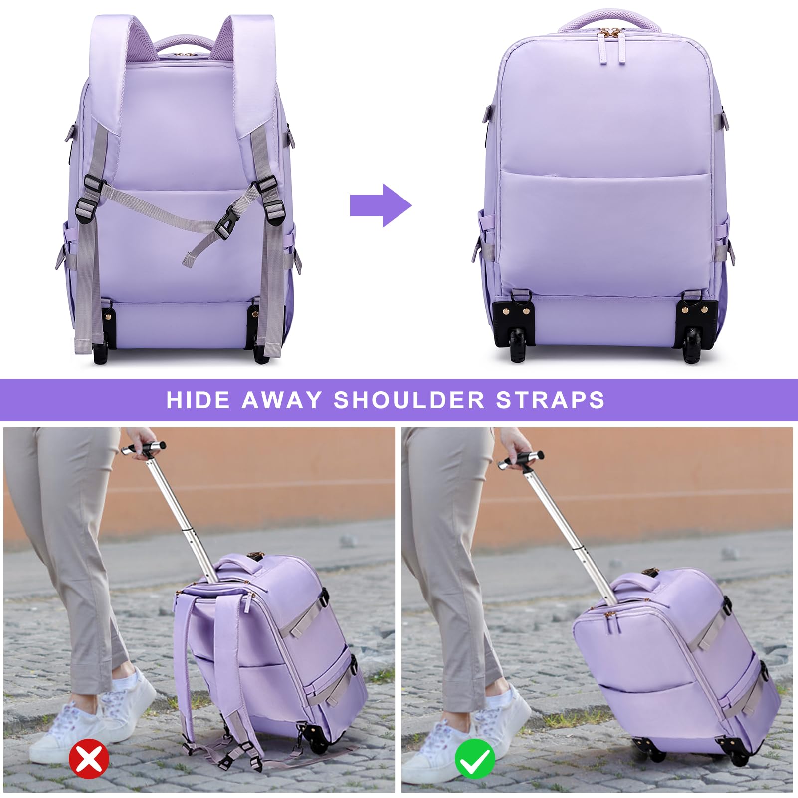 20 Inch Anti-Theft Rolling Backpack for Women - USB Charging Port & Lock, Waterproof Wheeled Laptop Backpack with 6 Compartments, Purple - Perfect for Business Travel, Commuting & College Campus Use