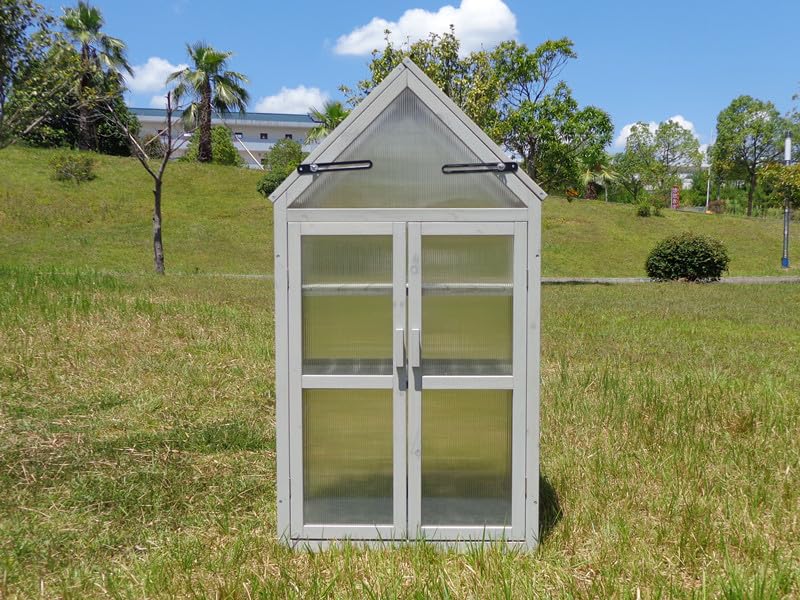 Upgraded Mini Greenhouse Kit for Outdoor & Indoor Use - Adjustable Shelving Small Wood Cold Frame Plant Stand Cabinet for Garden, Patio, Balcony, Apartment & Porch - UV-Resistant Gray Greenhouse for Herbs, Flowers & Seedlings