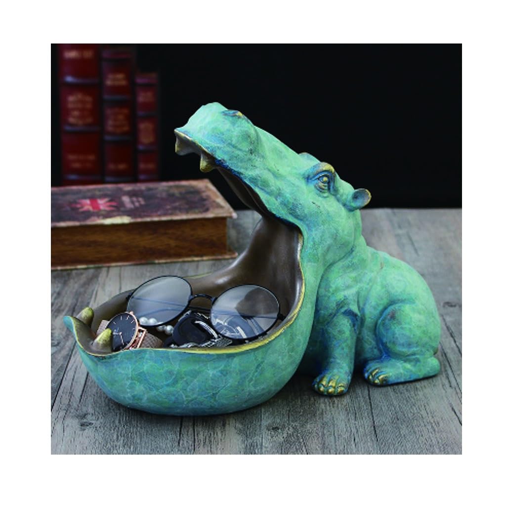 Resin Hippo Statue Key Holder - Big Mouth Storage Box for Keys, Jewelry, Coins & Phone - Creative Home Decor & Desk Organizer - Perfect for Living Room, Bedroom & Office (Green)