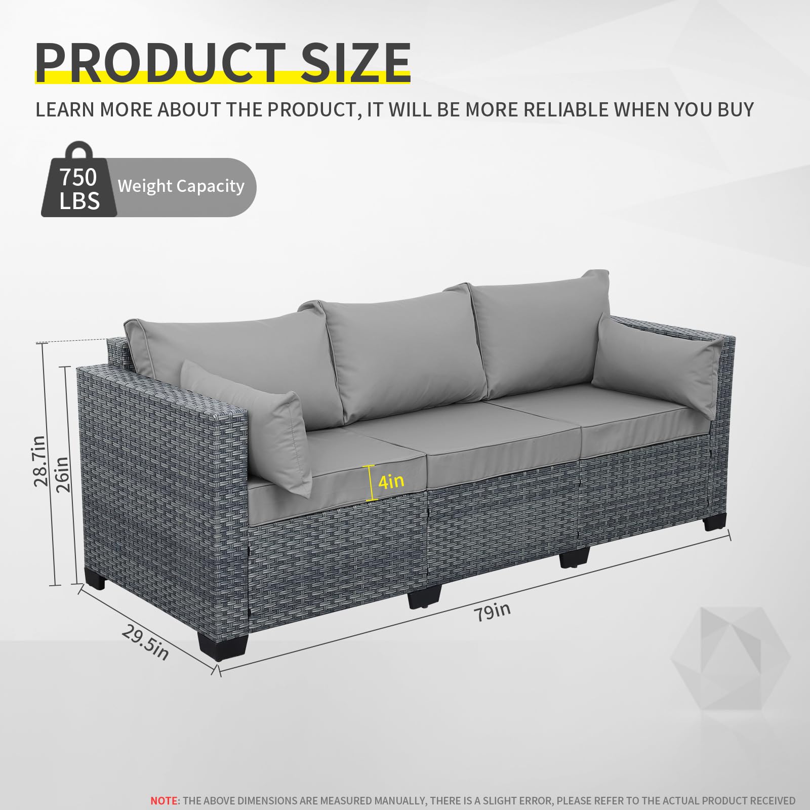 All-Weather PE Rattan Wicker Patio Couch - 3-Seat Outdoor Sofa Set with Gray Cushions, Deep Seating Deck Furniture for Garden, Backyard & Poolside Relaxation