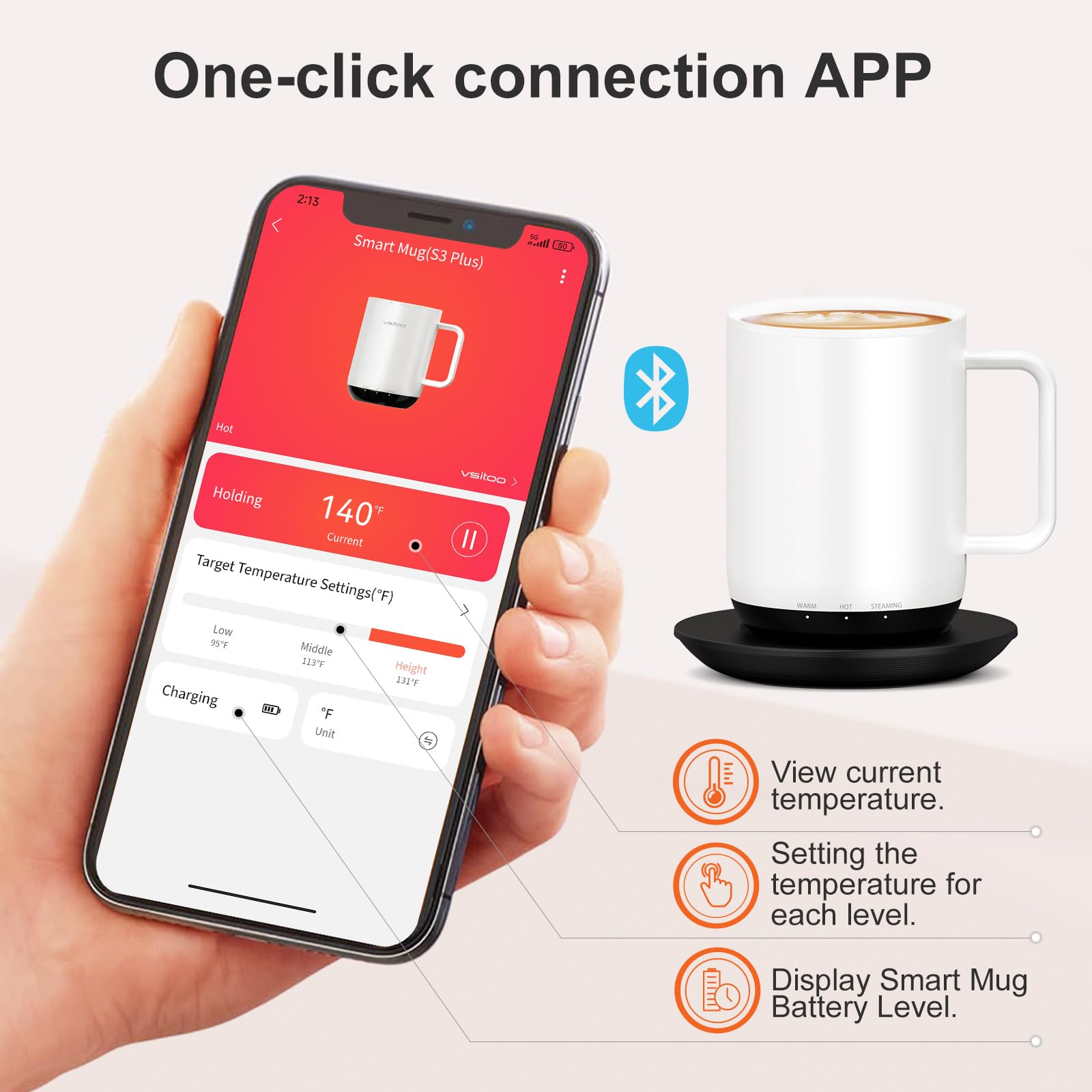 VSitoo S3PLUS 14oz Smart Self-Heating Coffee Mug with Temperature Control - Rechargeable Electric Travel Mug with 90 Min Battery Life, APP & Manual Control - Perfect for Office, Commuting & Outdoor Use - White
