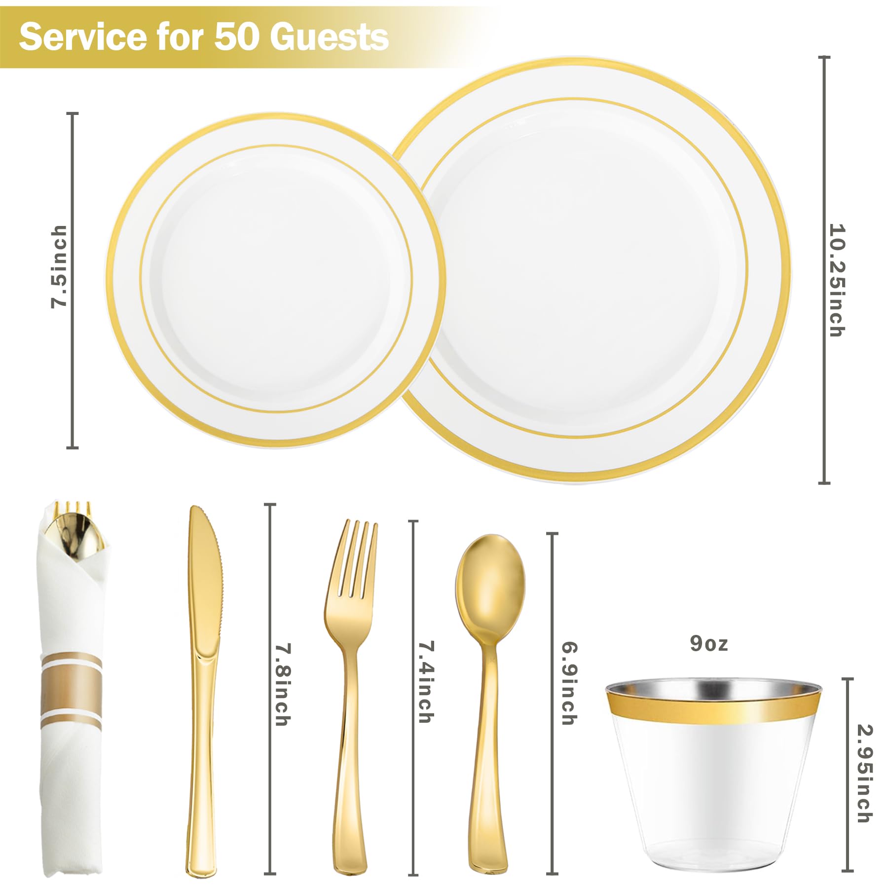 350-Piece Gold Plastic Dinnerware Set for 50 Guests - Disposable Plates, Cups, Napkins & Silverware for Parties, Weddings & Events - Elegant Gold Tableware (50 Dinner Plates, 50 Dessert Plates, 50 Cups, 50 Pre-Rolled Napkins with Cutlery) - Perfect for Birthday Celebrations, Bridal Showers & Holiday Gatherings