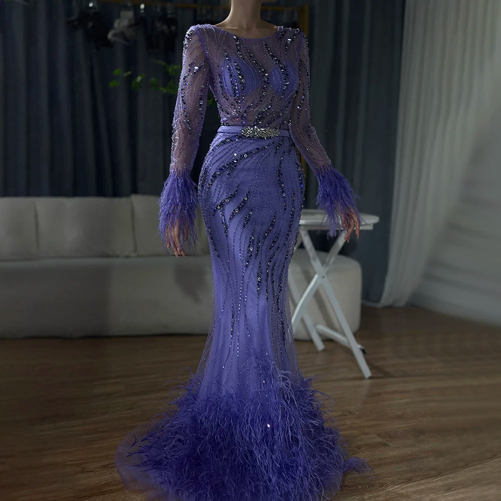 Elegant Mermaid Evening Dress with Beaded Feathers - Arabic Purple Luxury Gown for Women's Wedding, Prom, Gala & Special Occasions | LA72367