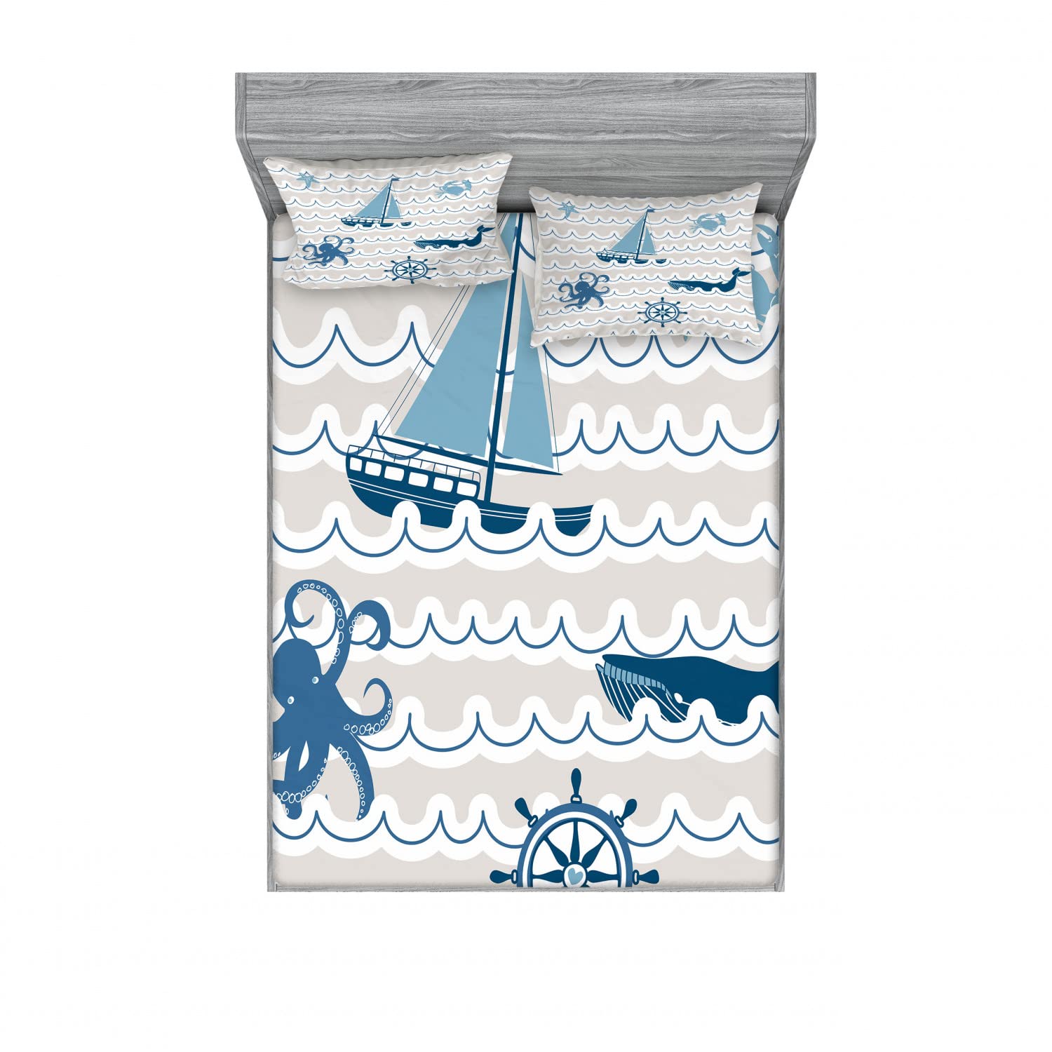 Ambesonne 2-Pack Full Size Fitted Sheet Set with 4 Pillow Shams - Whale Wave Cartoon Design - Blue White Beige Nautical Bedding - Perfect for Kids Rooms, Beach Houses & Coastal Themed Decor
