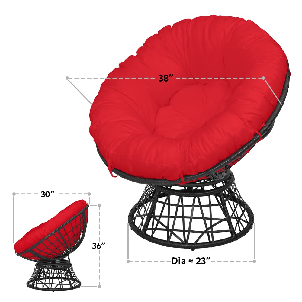 MAYPEX 360° Swivel Wicker Papasan Chair with Red Cushion & Black Metal Frame - Indoor Outdoor Use for Patio, Garden, Living Room, Balcony & Bedroom - Perfect for Relaxing, Reading & Lounging