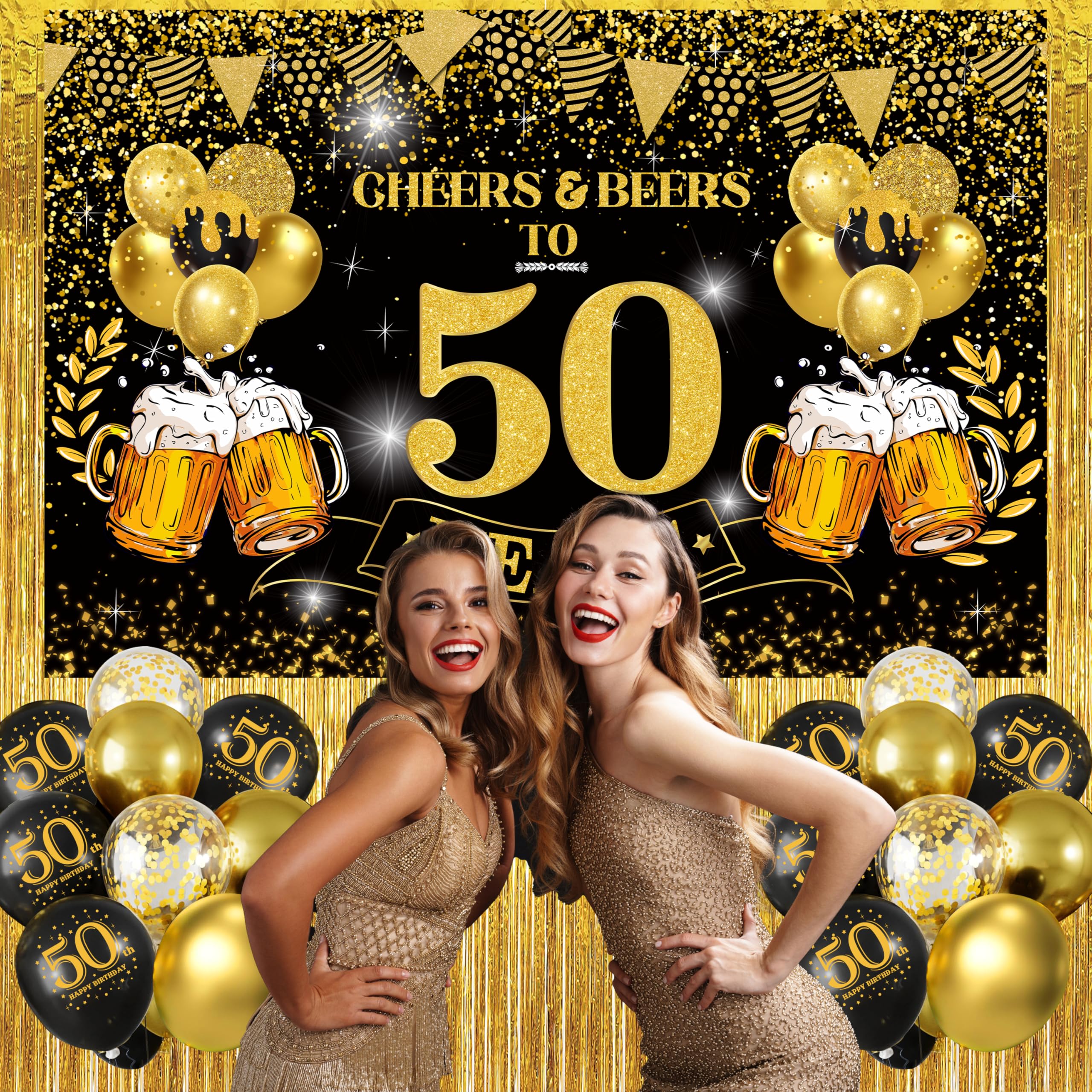 Black and Gold Cheers to 50 Years Banner - 50th Birthday Party Decorations for Men & Women - Happy 50th Birthday Backdrop & Balloons - Perfect for Milestone Celebrations, Retirement Parties, and Anniversary Events