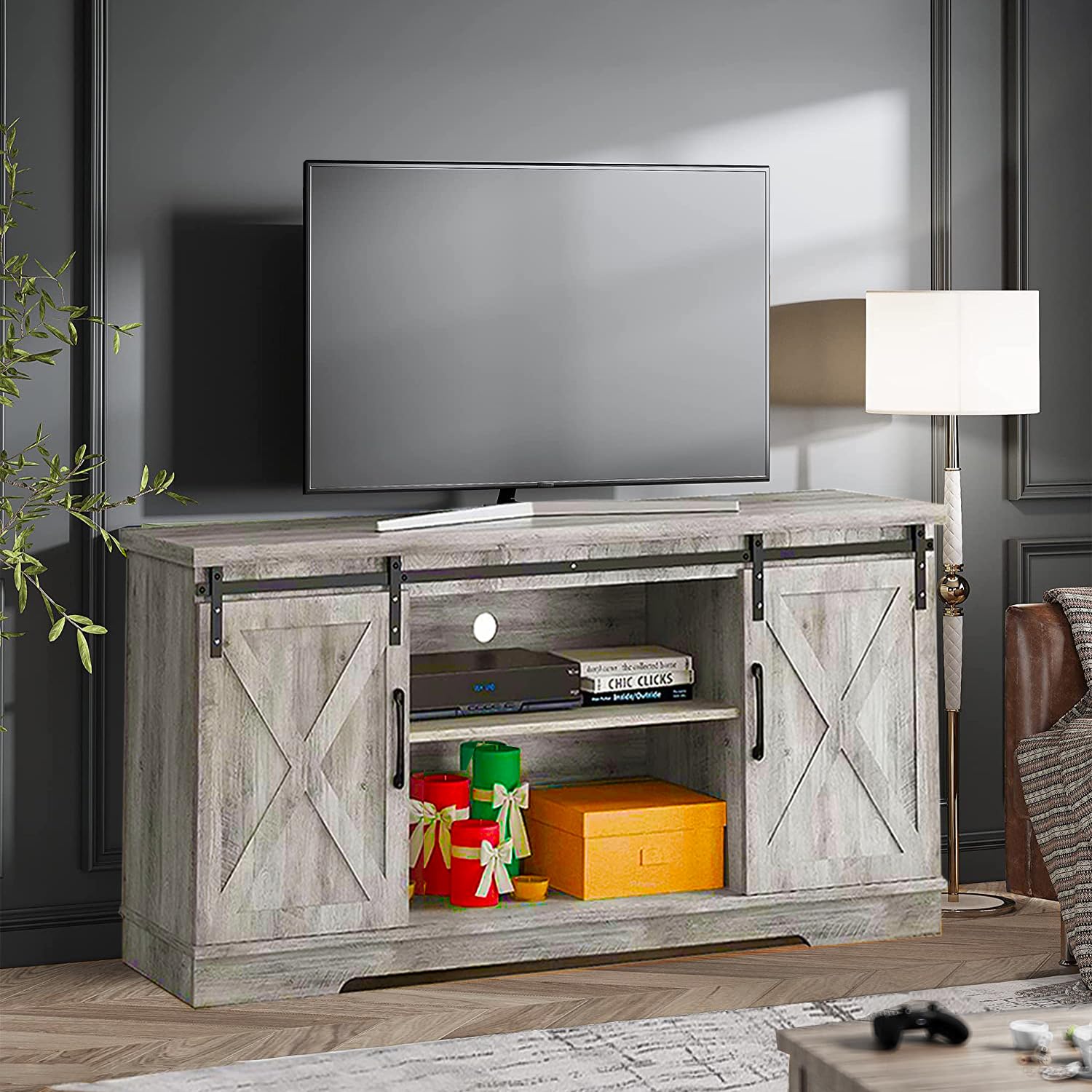 Farmhouse TV Stand for 65 Inch TV - Gray Entertainment Center with Barn Doors, Storage & Shelves - Modern Media Console Cabinet for Living Room, Bedroom & Home Theater Setup